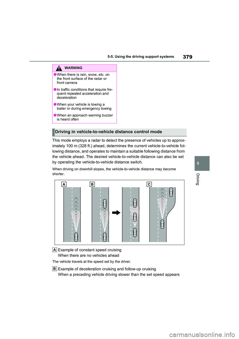TOYOTA RAV4 PLUG-IN HYBRID 2021 Service Manual 379
5
5-5. Using the driving support systems
Driving
This mode employs a radar to detect the presence of vehicles up to approx-
imately 100 m (328 ft.) ahead, det ermines the current vehicle-to-veh TOYOTA RAV4 PLUG-IN HYBRID 2021 Service Manual 379
5
5-5. Using the driving support systems
Driving
This mode employs a radar to detect the presence of vehicles up to approx-
imately 100 m (328 ft.) ahead, det ermines the current vehicle-to-veh