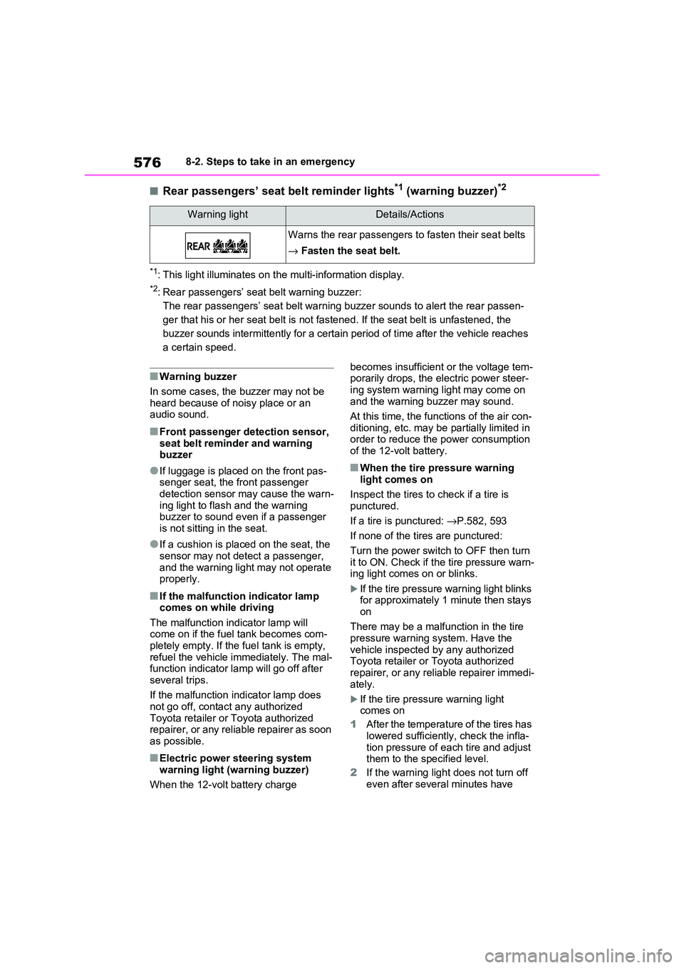 TOYOTA RAV4 PLUG-IN HYBRID 2021 Manual PDF 5768-2. Steps to take in an emergency
■Rear passengers’ seat belt reminder lights*1 (warning buzzer)*2
*1: This light illuminates on the multi-information display.
*2: Rear passengers’ seat belt TOYOTA RAV4 PLUG-IN HYBRID 2021 Manual PDF 5768-2. Steps to take in an emergency
■Rear passengers’ seat belt reminder lights*1 (warning buzzer)*2
*1: This light illuminates on the multi-information display.
*2: Rear passengers’ seat belt