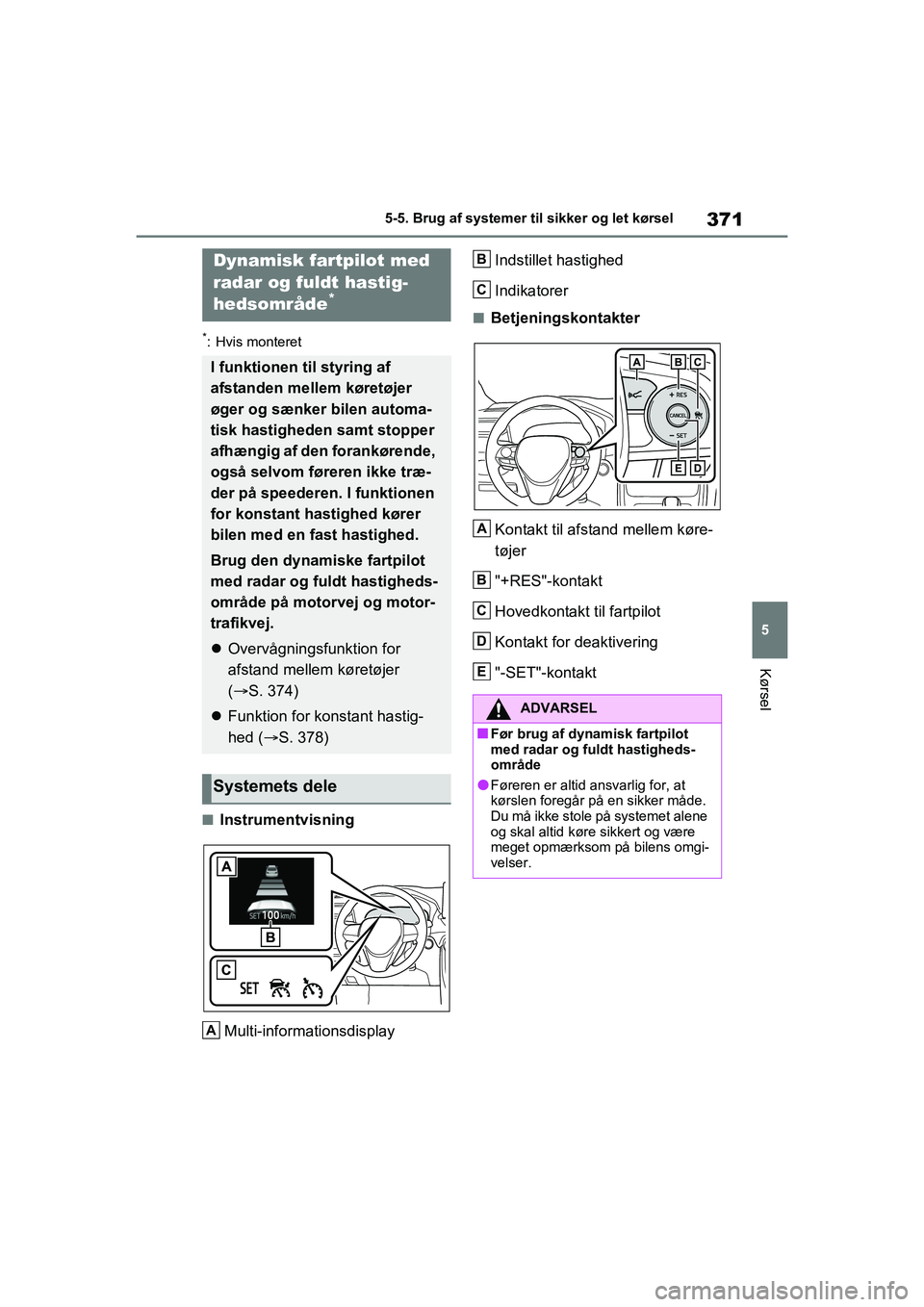 TOYOTA RAV4 PLUG-IN HYBRID 2021 Brugsanvisning (in Danish) 371
5
5-5. Brug af systemer til sikker og let kørsel
Kørsel
*: Hvis monteret
nInstrumentvisning
Multi-informationsdisplay Indstillet hastighed
Indikatorer
nBetjeningskontakter
Kontakt til afstand me TOYOTA RAV4 PLUG-IN HYBRID 2021 Brugsanvisning (in Danish) 371
5
5-5. Brug af systemer til sikker og let kørsel
Kørsel
*: Hvis monteret
nInstrumentvisning
Multi-informationsdisplay Indstillet hastighed
Indikatorer
nBetjeningskontakter
Kontakt til afstand me