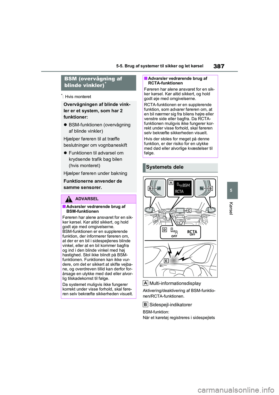 TOYOTA RAV4 PLUG-IN HYBRID 2021 Brugsanvisning (in Danish) 387
5
5-5. Brug af systemer til sikker og let kørsel
Kørsel
*: Hvis monteret
Multi-informationsdisplay
Aktivering/deaktivering af BSM-funktio-
nen/RCTA-funktionen.
Sidespejl-indikatorer
BSM-funktion TOYOTA RAV4 PLUG-IN HYBRID 2021 Brugsanvisning (in Danish) 387
5
5-5. Brug af systemer til sikker og let kørsel
Kørsel
*: Hvis monteret
Multi-informationsdisplay
Aktivering/deaktivering af BSM-funktio-
nen/RCTA-funktionen.
Sidespejl-indikatorer
BSM-funktion