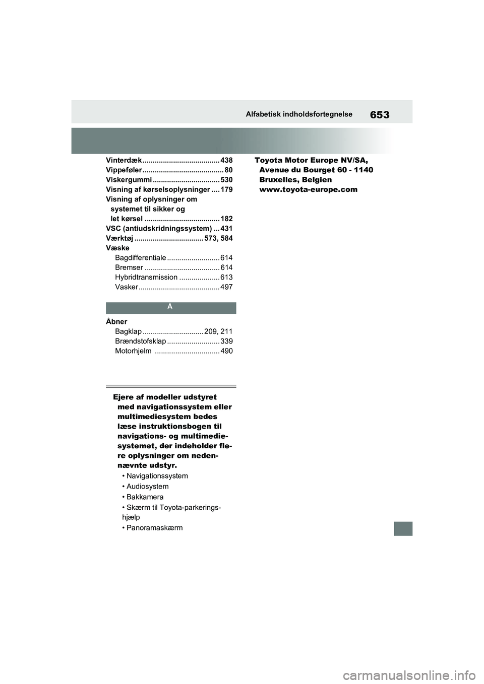 TOYOTA RAV4 PLUG-IN HYBRID 2021  Brugsanvisning (in Danish) 653Alfabetisk indholdsfortegnelse
Vinterdæk ...................................... 438
Vippeføler ........................................ 80
Viskergummi ................................. 530
Visnin