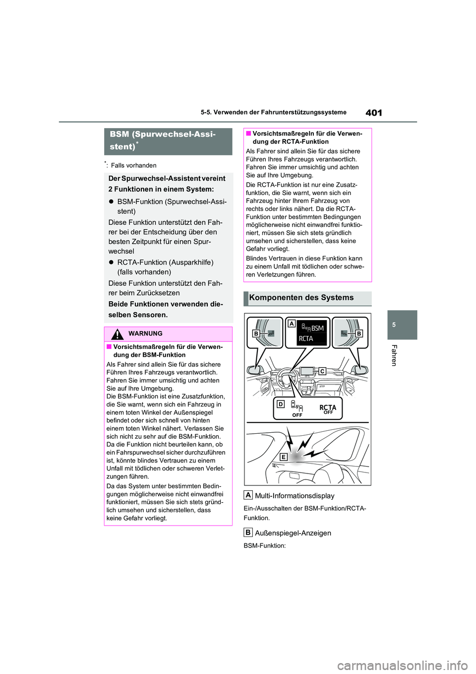 TOYOTA RAV4 PLUG-IN HYBRID 2021 Betriebsanleitungen (in German) 401
5
5-5. Verwenden der Fahrunterstützungssysteme
Fahren
*: Falls vorhanden
Multi-Informationsdisplay
Ein-/Ausschalten der BSM-Funktion/RCTA-
Funktion.
Außenspiegel-Anzeigen
BSM-Funktion:
BSM (Sp TOYOTA RAV4 PLUG-IN HYBRID 2021 Betriebsanleitungen (in German) 401
5
5-5. Verwenden der Fahrunterstützungssysteme
Fahren
*: Falls vorhanden
Multi-Informationsdisplay
Ein-/Ausschalten der BSM-Funktion/RCTA-
Funktion.
Außenspiegel-Anzeigen
BSM-Funktion:
BSM (Sp
