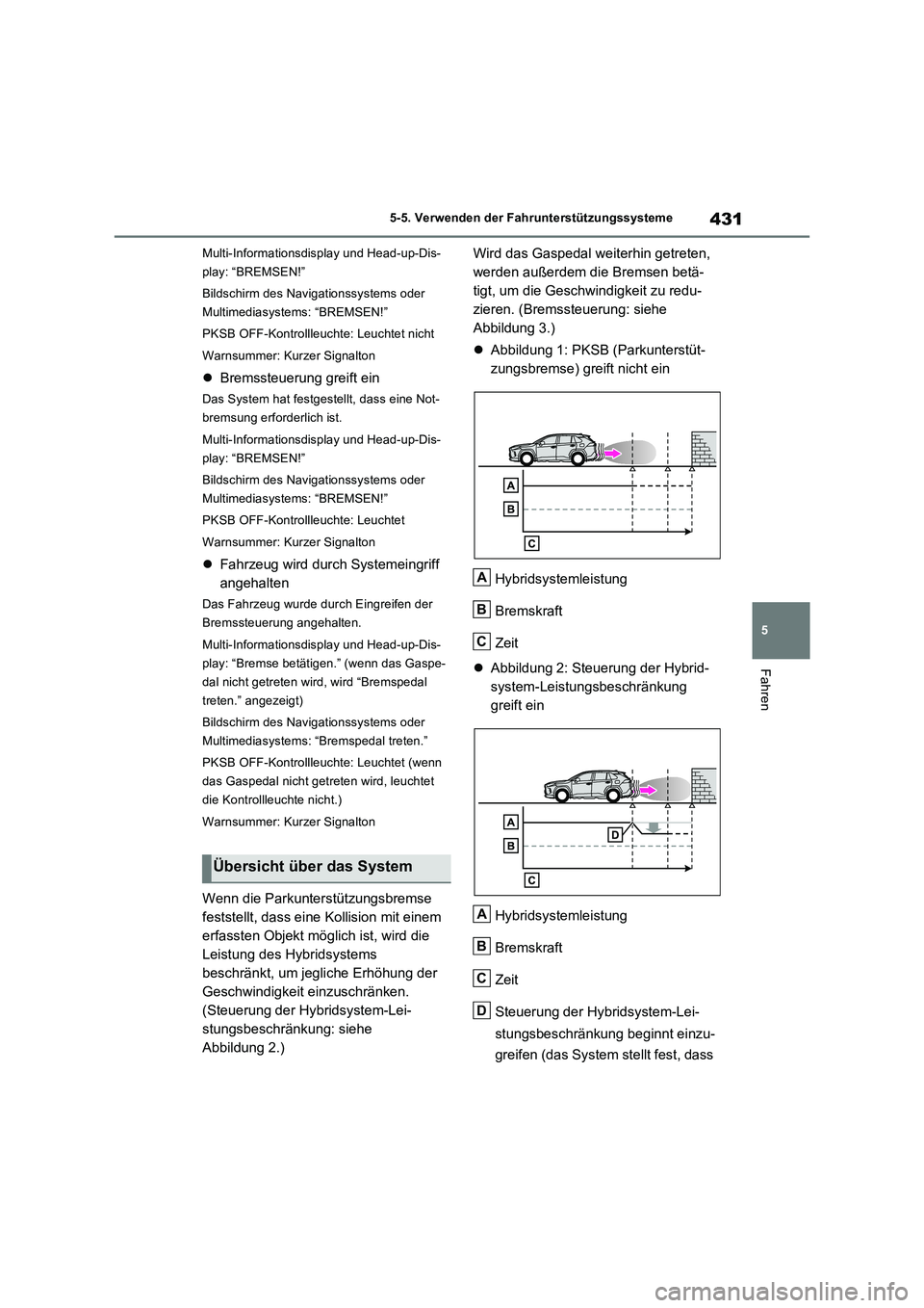 TOYOTA RAV4 PLUG-IN HYBRID 2021  Betriebsanleitungen (in German) 431
5 5-5. Verwenden der Fahrunterstützungssysteme
Fahren
Multi-Informationsdisplay und Head-up-Dis-
play: “BREMSEN!”
Bildschirm des Navigationssystems oder 
Multimediasystems: “BREMSEN!”
PKS
