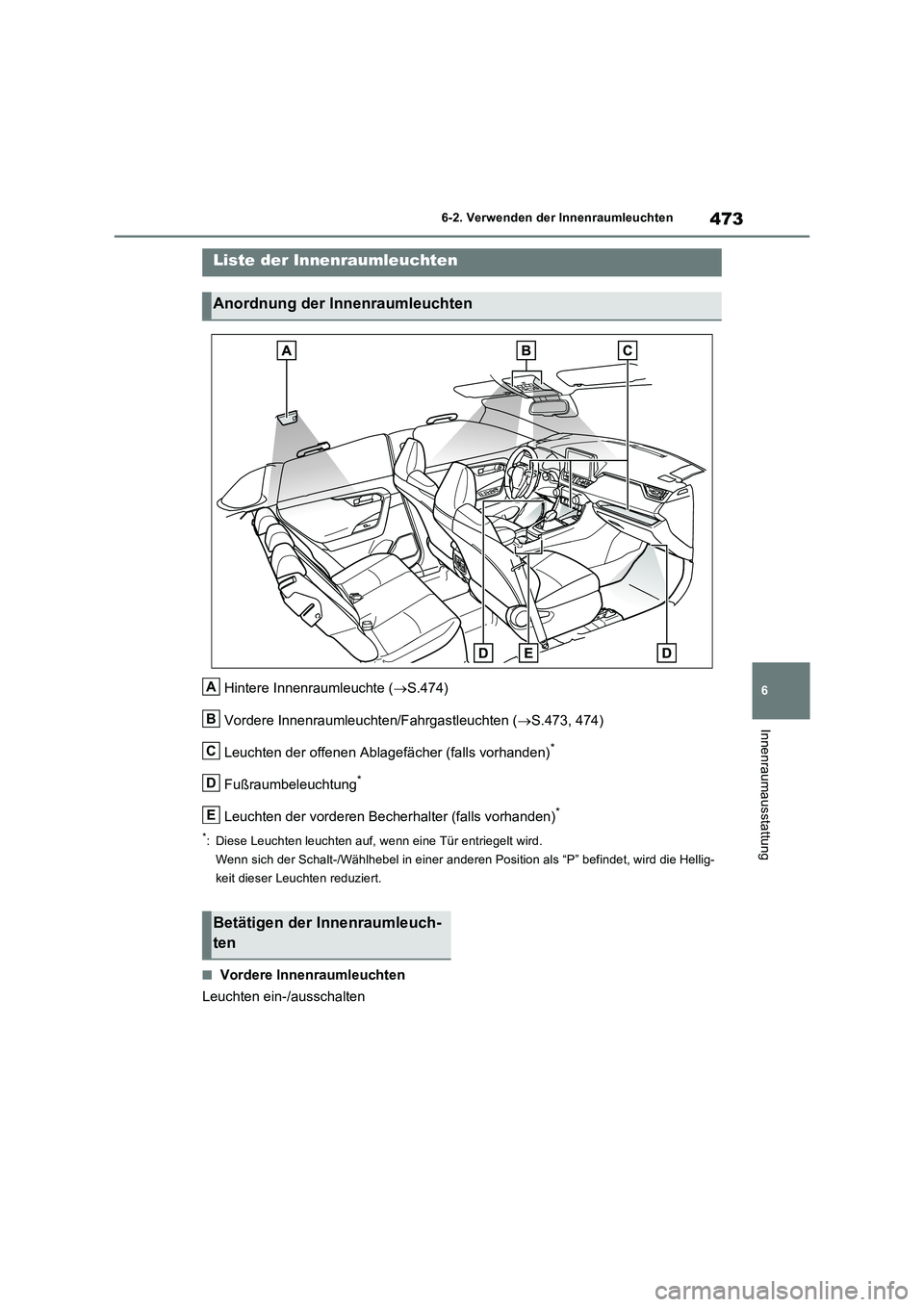 TOYOTA RAV4 PLUG-IN HYBRID 2021  Betriebsanleitungen (in German) 473
6 6-2. Verwenden der Innenraumleuchten
Innenraumausstattung
6-2.Verwenden  de r  In nenraumleuch ten
Hintere Innenraumleuchte (S.474)
Vordere Innenraumleuchten/Fahrgastleuchten (S.473, 474)
