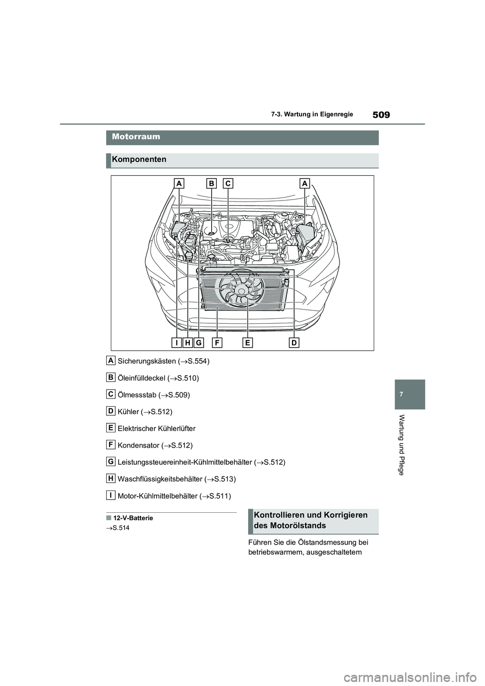 TOYOTA RAV4 PLUG-IN HYBRID 2021  Betriebsanleitungen (in German) 509
7 7-3. Wartung in Eigenregie
Wartung und Pflege
Sicherungskästen (S.554)
Öleinfülldeckel (S.510)
Ölmessstab (S.509)
Kühler (S.512)
Elektrischer Kühlerlüfter
Kondensator (S.51