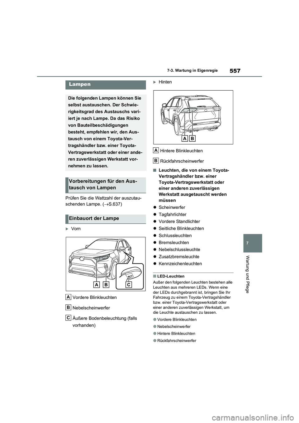TOYOTA RAV4 PLUG-IN HYBRID 2021  Betriebsanleitungen (in German) 557
7 
7-3. Wartung in Eigenregie
Wartung und Pflege
Prüfen Sie die Wattzahl der auszutau- 
schenden Lampe. ( S.637)
Vorn 
Vordere Blinkleuchten 
Nebelscheinwerfer 
Äußere Bodenbeleuchtung (f