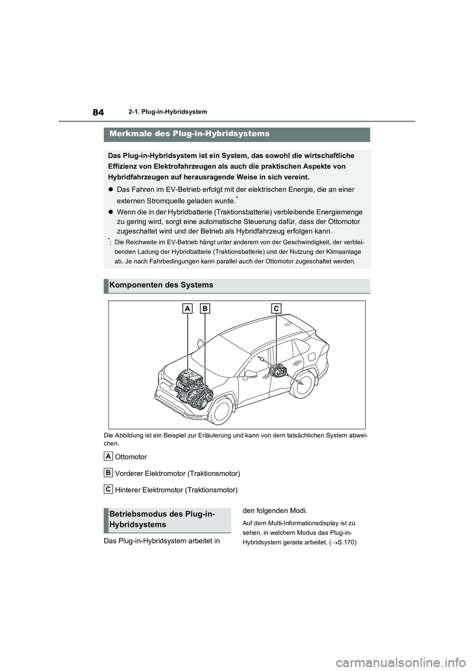 TOYOTA RAV4 PLUG-IN HYBRID 2021  Betriebsanleitungen (in German) 842-1. Plug-in-Hybridsystem
2-1.Plug-in-Hybrid system
Die Abbildung ist ein Beispiel zur Erläuterung und kann von dem tatsächlichen System abwei-
chen.
Ottomotor
Vorderer Elektromotor (Traktionsmoto