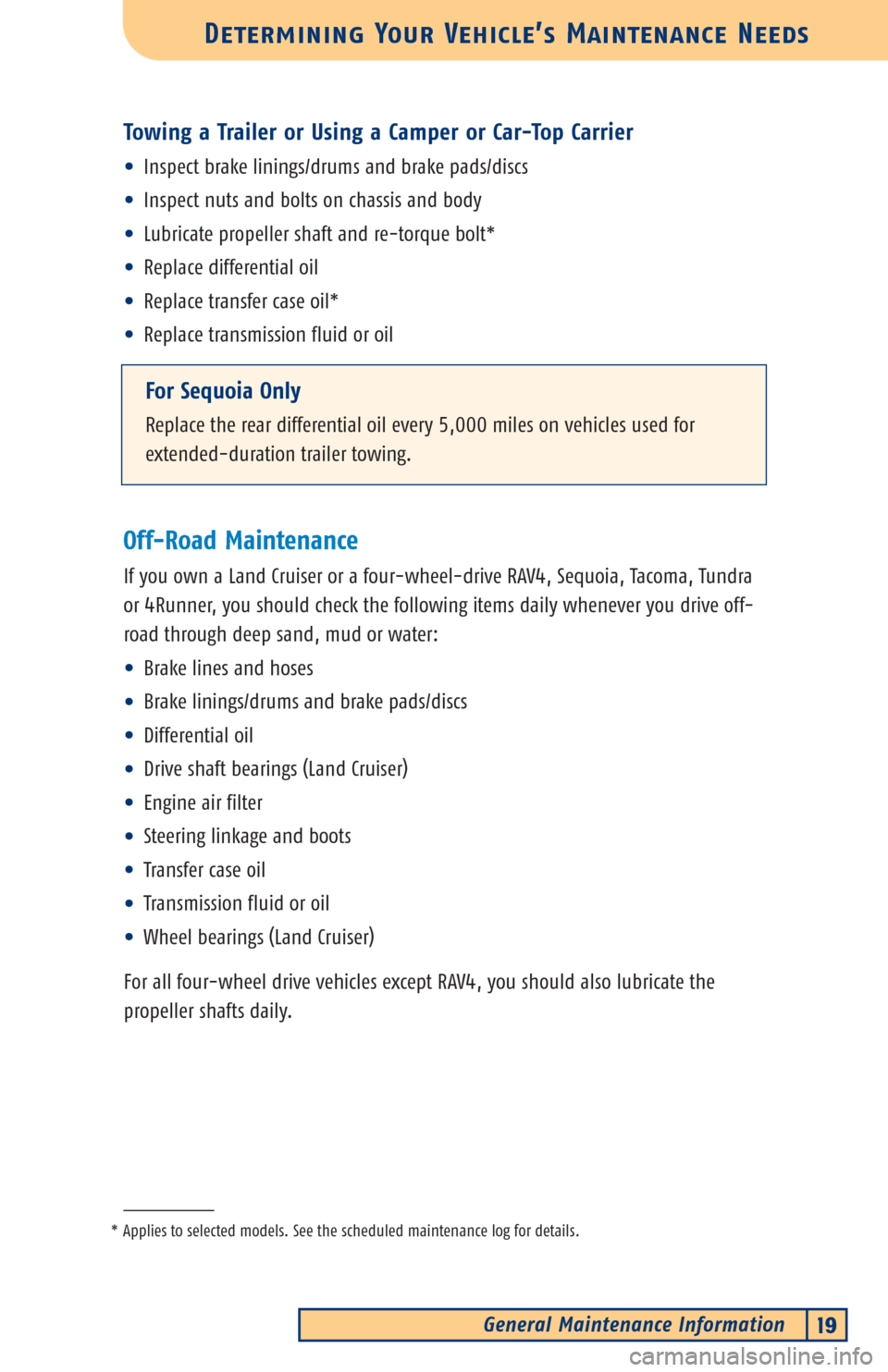 TOYOTA 4RUNNER 2002 N210 / 4.G Scheduled Maintenance Guide General Maintenance Information19
Determining Your Vehicle’s Maintenance Needs
ForSequoia Only
Replace the rear differential oil every 5,000 miles on vehicles used for
extended-duration trailer towi