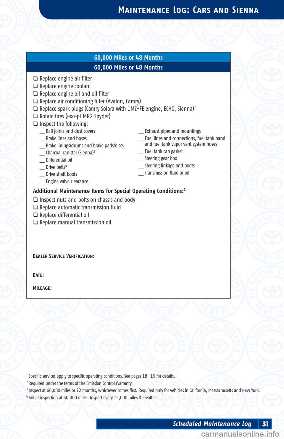 TOYOTA 4RUNNER 2002 N210 / 4.G Scheduled Maintenance Guide 1 Specific services apply to specific operating conditions. See pages 18—19 for details.2 Required under the terms of the Emission Control Warranty.3 Inspect at 60,000 miles or 72 months, whichever TOYOTA 4RUNNER 2002 N210 / 4.G Scheduled Maintenance Guide 1 Specific services apply to specific operating conditions. See pages 18—19 for details.2 Required under the terms of the Emission Control Warranty.3 Inspect at 60,000 miles or 72 months, whichever
