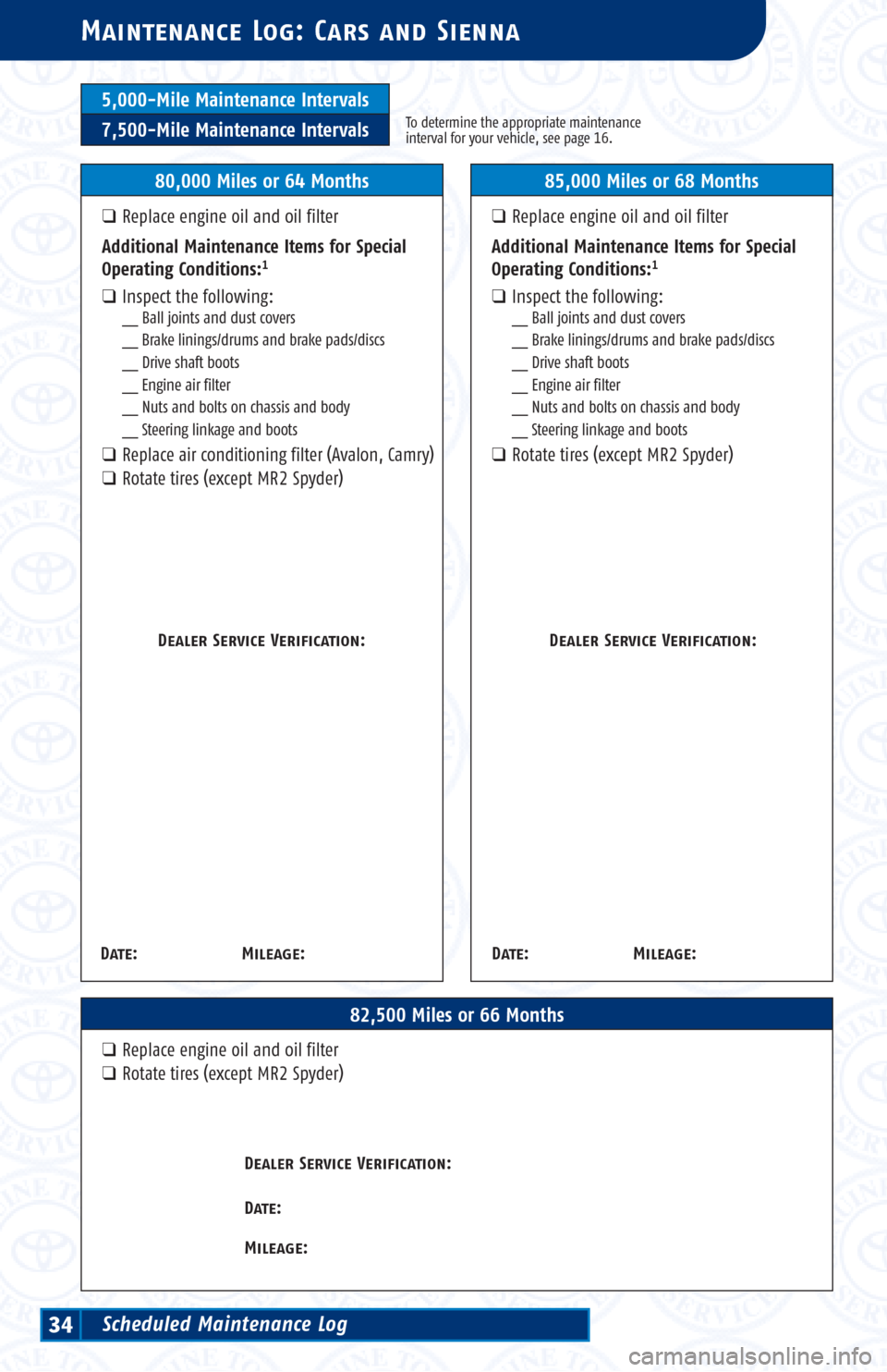 TOYOTA 4RUNNER 2002 N210 / 4.G Scheduled Maintenance Guide 5,000-Mile Maintenance Intervals
7,500-Mile Maintenance IntervalsTo determine the appropriate maintenance
interval for your vehicle, see page 16.
00,000 Miles or 00 Months
Dealer Service Verification: