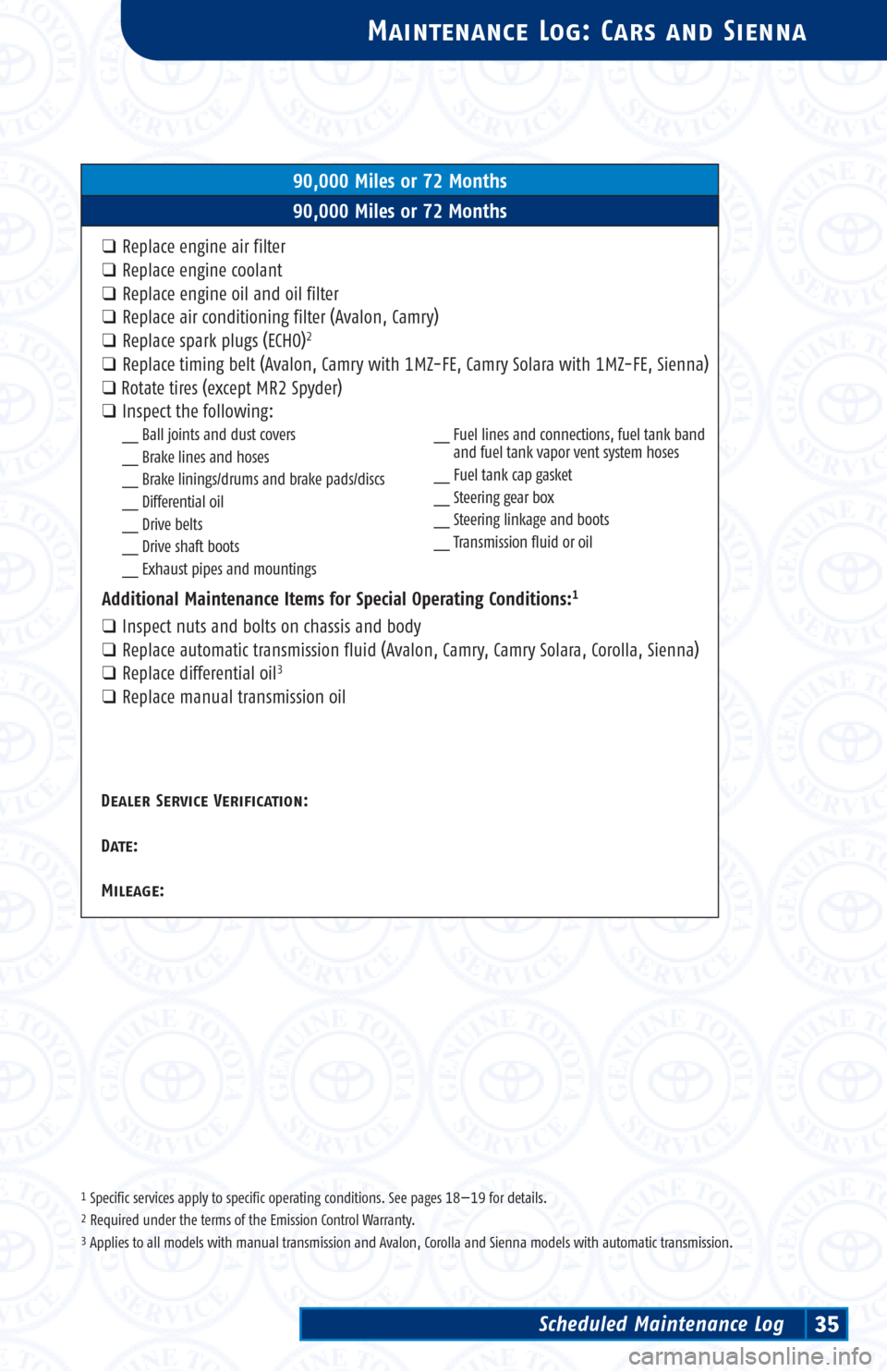 TOYOTA 4RUNNER 2002 N210 / 4.G Scheduled Maintenance Guide 5,000-Mile Maintenance Intervals
7,500-Mile Maintenance IntervalsTo determine the appropriate maintenance
interval for your vehicle, see page 16.
Dealer Service Verification:
Date:
Mileage:
Dealer Ser TOYOTA 4RUNNER 2002 N210 / 4.G Scheduled Maintenance Guide 5,000-Mile Maintenance Intervals
7,500-Mile Maintenance IntervalsTo determine the appropriate maintenance
interval for your vehicle, see page 16.
Dealer Service Verification:
Date:
Mileage:
Dealer Ser