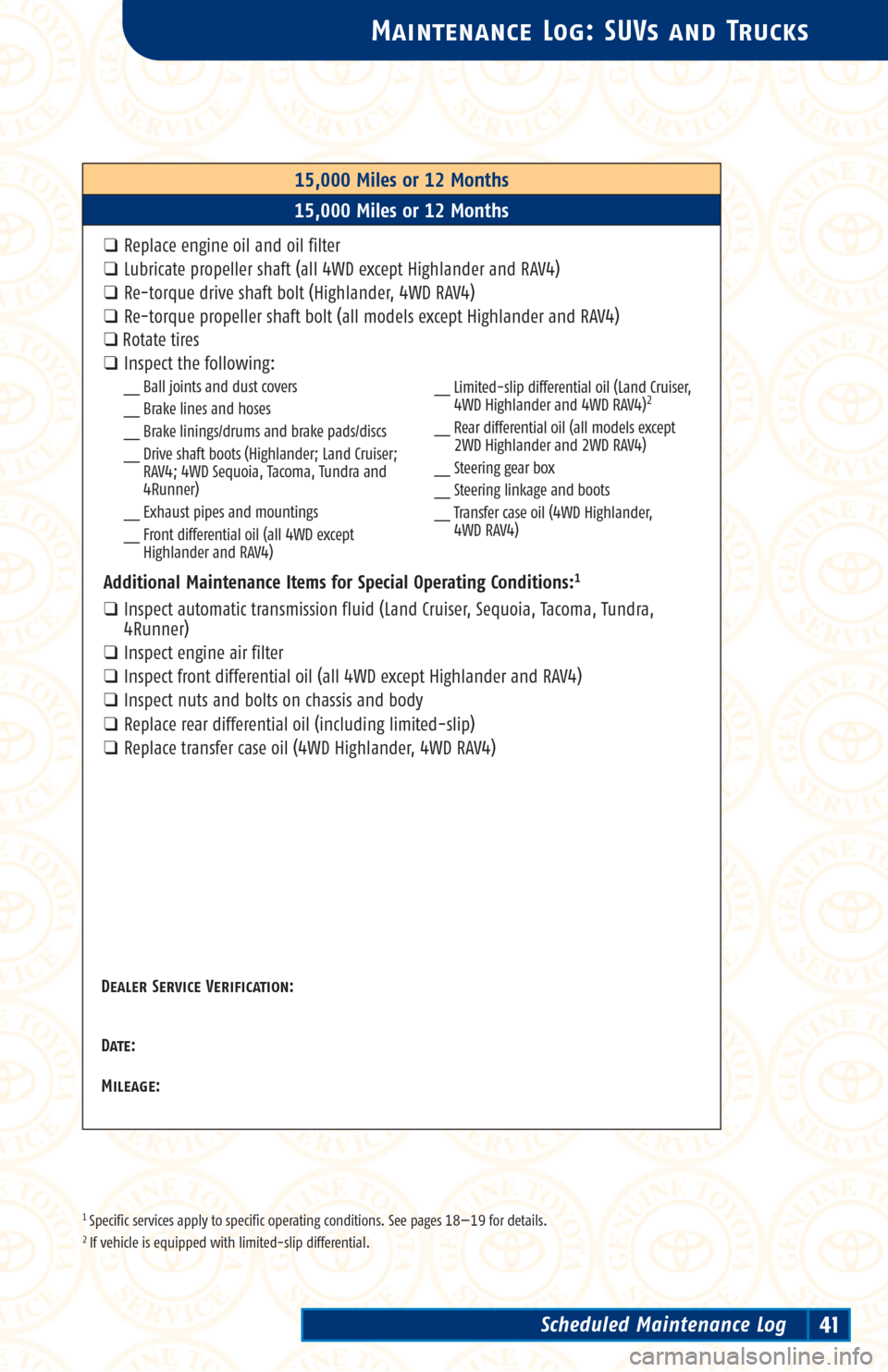 TOYOTA 4RUNNER 2002 N210 / 4.G Scheduled Maintenance Guide 1 Specific services apply to specific operating conditions. See pages 18—19 for details.2 If vehicle is equipped with limited-slip differential.
Maintenance Log: SUVs and Trucks
15,000 Miles or 12 M