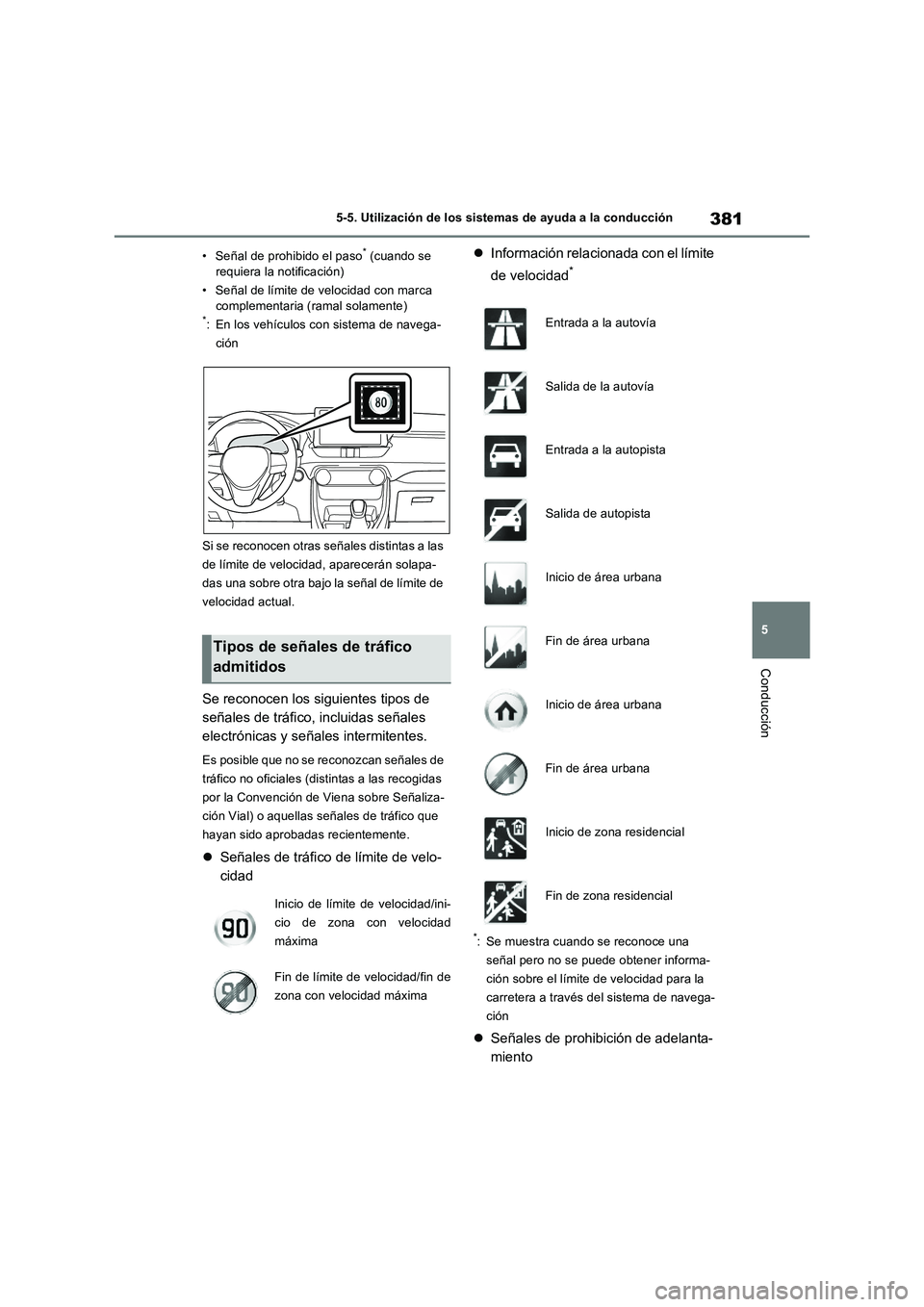 TOYOTA RAV4 PLUG-IN HYBRID 2021 Manual del propietario (in Spanish) 381
5 5-5. Utilización de los sistemas de ayuda a la conducción
Conducción
• Señal de prohibido el paso* (cuando se
requiera la notificación)
• Señal de límite de velocidad con marca
comp TOYOTA RAV4 PLUG-IN HYBRID 2021 Manual del propietario (in Spanish) 381
5 5-5. Utilización de los sistemas de ayuda a la conducción
Conducción
• Señal de prohibido el paso* (cuando se
requiera la notificación)
• Señal de límite de velocidad con marca
comp