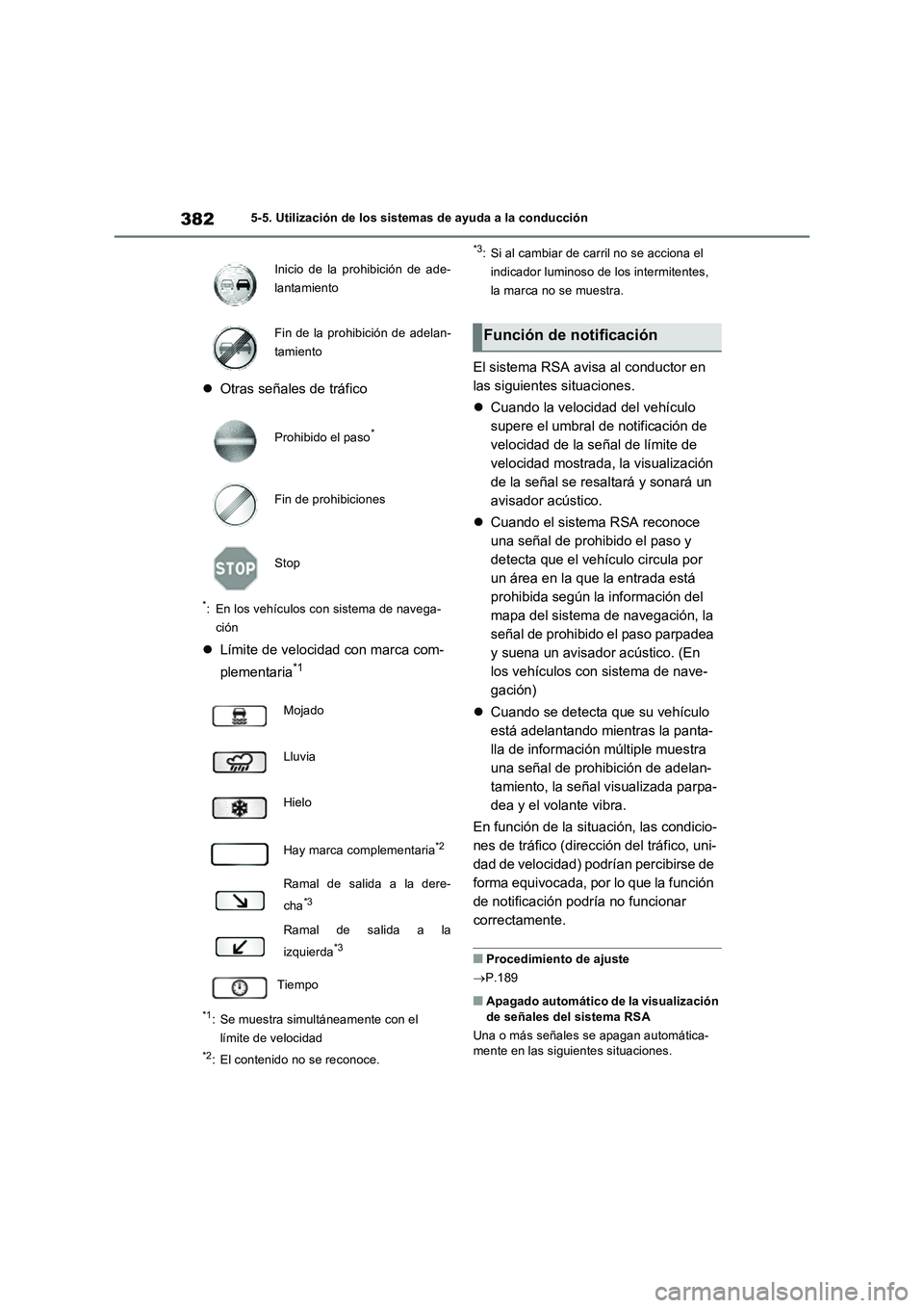 TOYOTA RAV4 PLUG-IN HYBRID 2021 Manual del propietario (in Spanish) 3825-5. Utilización de los sistemas de ayuda a la conducción
Otras señales de tráfico
*: En los vehículos con sistema de navega-
ción
Límite de velocidad con marca com-
plementaria
*1
*1: TOYOTA RAV4 PLUG-IN HYBRID 2021 Manual del propietario (in Spanish) 3825-5. Utilización de los sistemas de ayuda a la conducción
Otras señales de tráfico
*: En los vehículos con sistema de navega-
ción
Límite de velocidad con marca com-
plementaria
*1
*1: