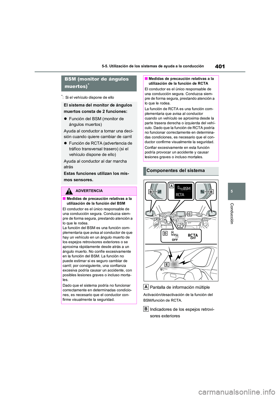 TOYOTA RAV4 PLUG-IN HYBRID 2021 Manual del propietario (in Spanish) 401
5
5-5. Utilización de los sistemas de ayuda a la conducción
Conducción
*: Si el vehículo dispone de ello
Pantalla de información múltiple
Activación/desactivación de la función del
BSM TOYOTA RAV4 PLUG-IN HYBRID 2021 Manual del propietario (in Spanish) 401
5
5-5. Utilización de los sistemas de ayuda a la conducción
Conducción
*: Si el vehículo dispone de ello
Pantalla de información múltiple
Activación/desactivación de la función del
BSM