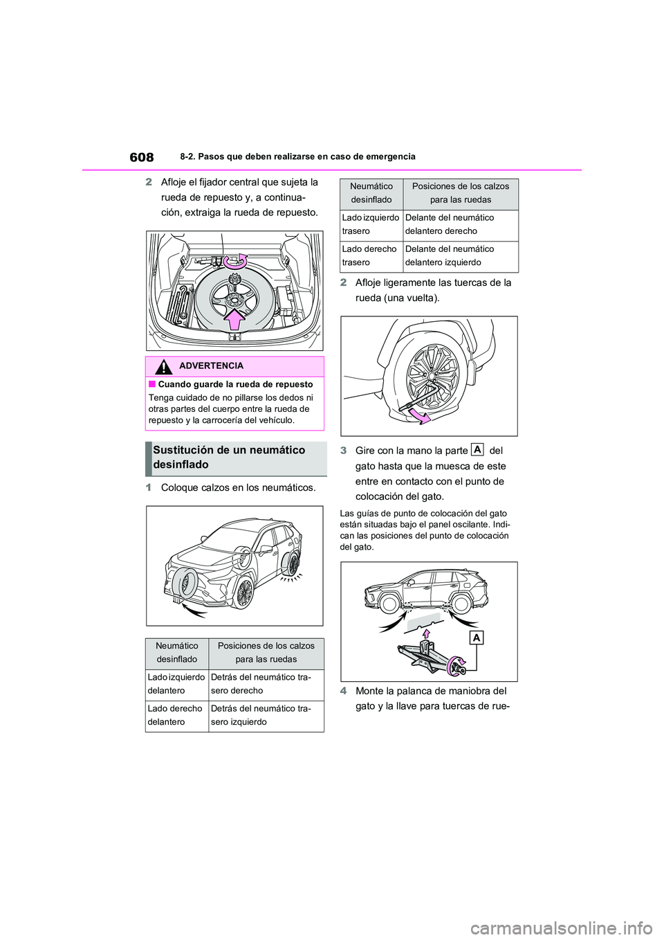 TOYOTA RAV4 PLUG-IN HYBRID 2021  Manual del propietario (in Spanish) 6088-2. Pasos que deben realizarse en caso de emergencia
2Afloje el fijador central que sujeta la  
rueda de repuesto y, a continua- 
ción, extraiga la rueda de repuesto. 
1 Coloque calzos en los neu