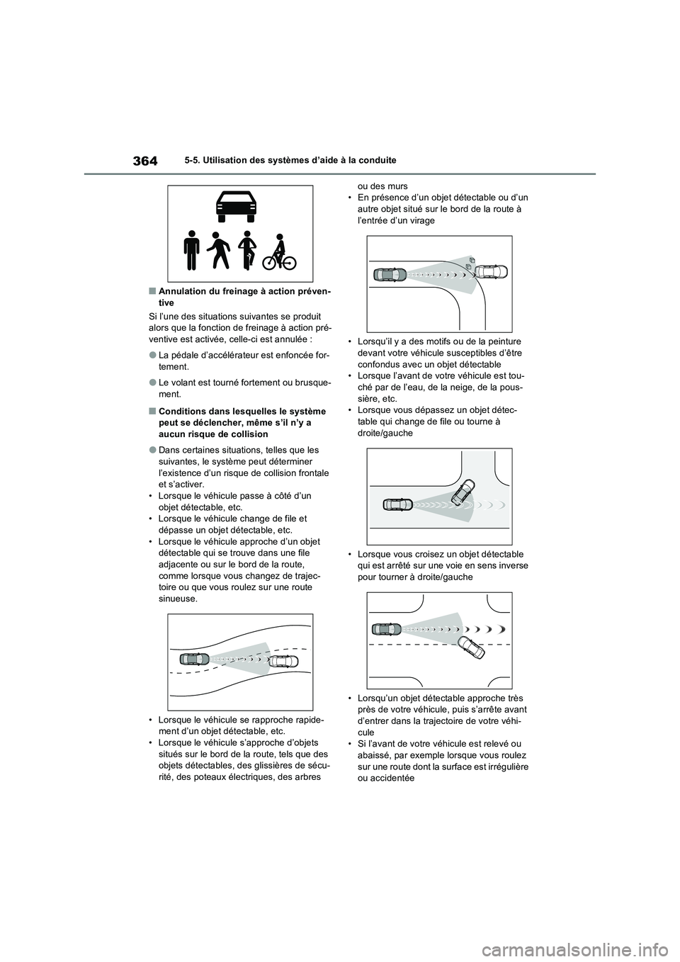 TOYOTA RAV4 PLUG-IN HYBRID 2021  Manuel du propriétaire (in French) 3645-5. Utilisation des systèmes d’aide à la conduite
�QAnnulation du freinage à action préven- tive 
Si l’une des situations suivantes se produit  alors que la fonction de freinage à action 