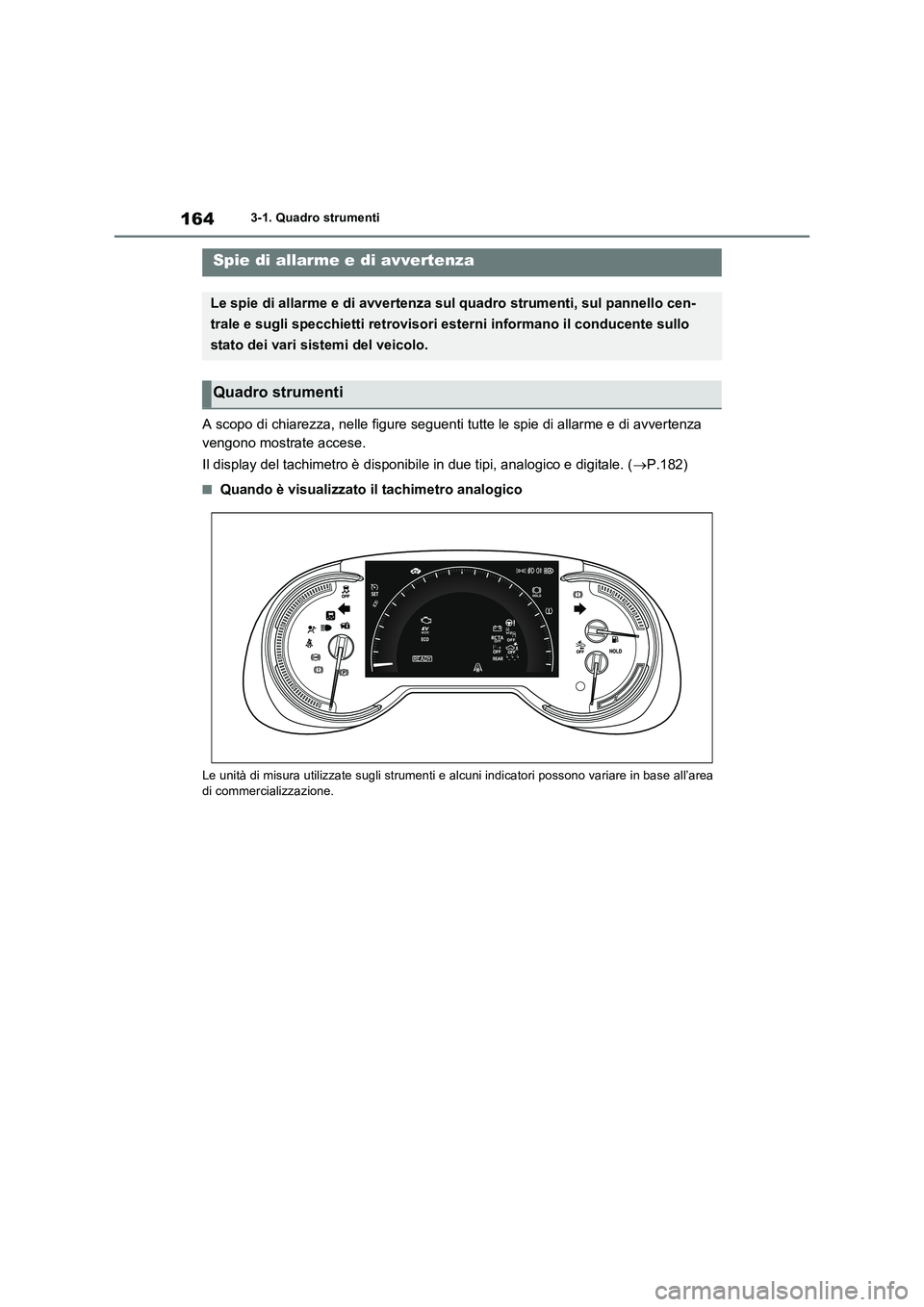 TOYOTA RAV4 PLUG-IN HYBRID 2021  Manuale duso (in Italian) 1643-1. Quadro strumenti
3-1.Quadro strumenti
A scopo di chiarezza, nelle figure seguenti tutte le spie di allarme e di avvertenza  
vengono mostrate accese. 
Il display del tachimetro è disponibile 