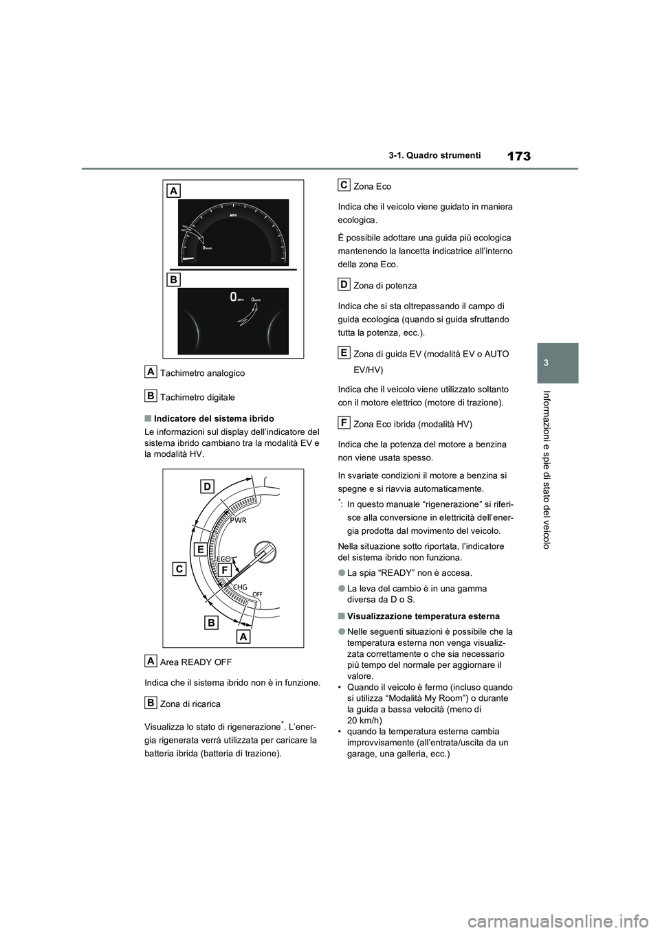 TOYOTA RAV4 PLUG-IN HYBRID 2021  Manuale duso (in Italian) 173
3 3-1. Quadro strumenti
Informazioni e spie di stato del veicolo
Tachimetro analogico
Tachimetro digitale
�QIndicatore del sistema ibrido
Le informazioni sul display dell’indicatore del 
sistema
