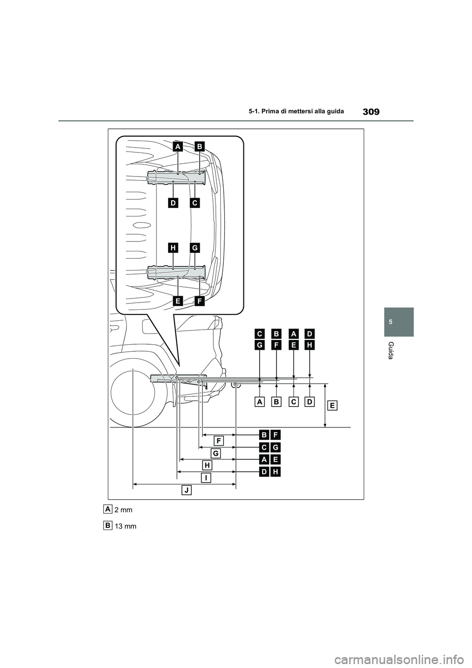TOYOTA RAV4 PLUG-IN HYBRID 2021 Manuale duso (in Italian) 309
5 5-1. Prima di mettersi alla guida
Guida
2mm
13 mmA
B TOYOTA RAV4 PLUG-IN HYBRID 2021 Manuale duso (in Italian) 309
5 5-1. Prima di mettersi alla guida
Guida
2mm
13 mmA
B