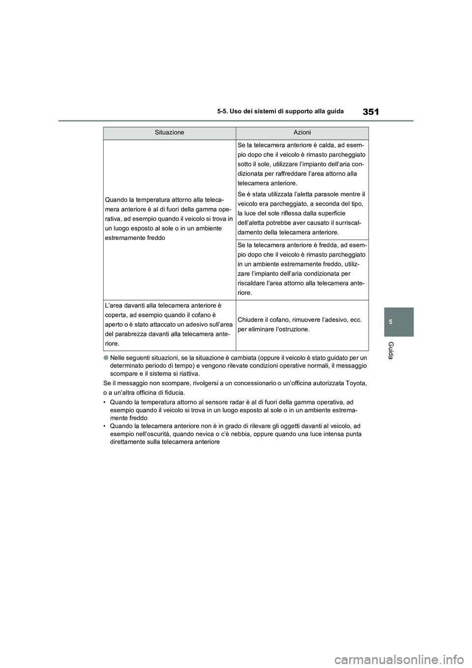TOYOTA RAV4 PLUG-IN HYBRID 2021  Manuale duso (in Italian) 351
5 5-5. Uso dei sistemi di supporto alla guida
Guida
�ONelle seguenti situazioni, se la situazione è cambiata (oppure il veicolo è stato guidato per un 
determinato periodo di tempo) e vengono ri