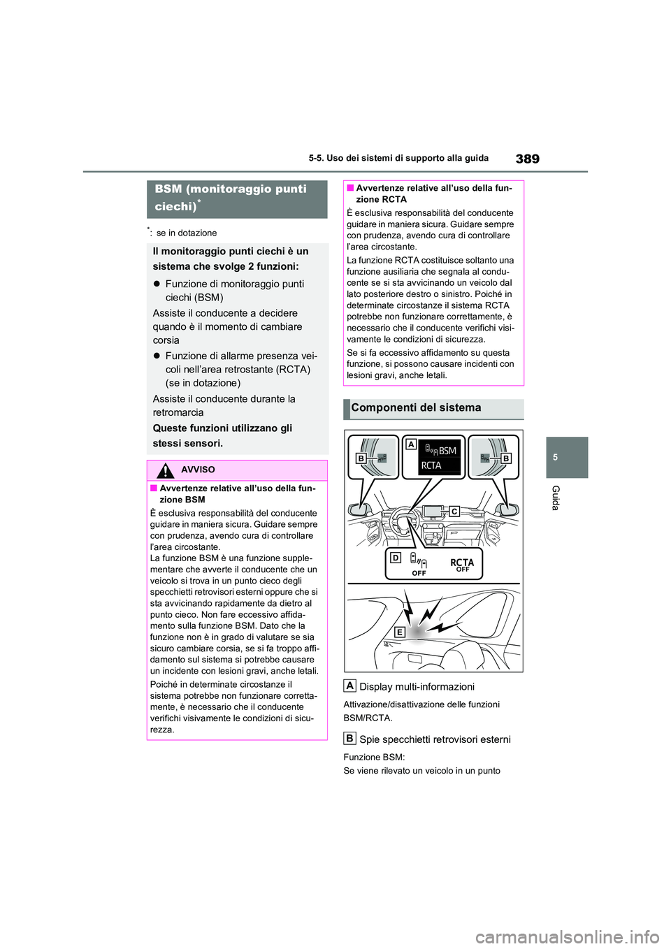 TOYOTA RAV4 PLUG-IN HYBRID 2021 Manuale duso (in Italian) 389
5
5-5. Uso dei sistemi di supporto alla guida
Guida
*: se in dotazione
Display multi-informazioni
Attivazione/disattivazione delle funzioni
BSM/RCTA.
Spie specchietti retrovisori esterni
Funzio TOYOTA RAV4 PLUG-IN HYBRID 2021 Manuale duso (in Italian) 389
5
5-5. Uso dei sistemi di supporto alla guida
Guida
*: se in dotazione
Display multi-informazioni
Attivazione/disattivazione delle funzioni
BSM/RCTA.
Spie specchietti retrovisori esterni
Funzio
