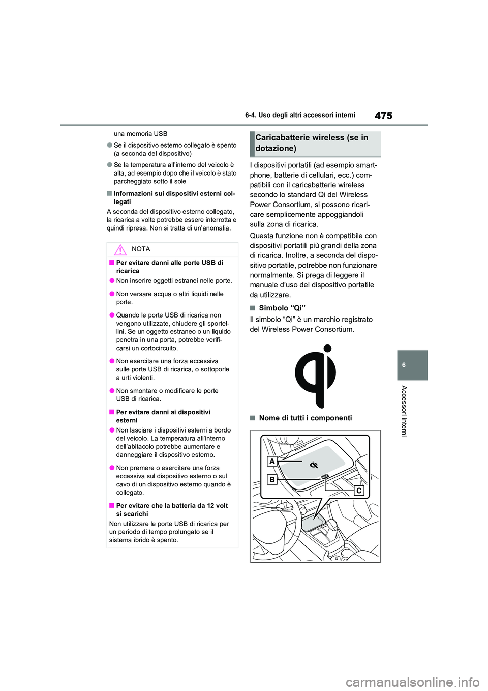 TOYOTA RAV4 PLUG-IN HYBRID 2021  Manuale duso (in Italian) 475
6 
6-4. Uso degli altri accessori interni
Accessori interni
una memoria USB
�OSe il dispositivo esterno collegato è spento  
(a seconda del dispositivo)
�OSe la temperatura all’interno del veic