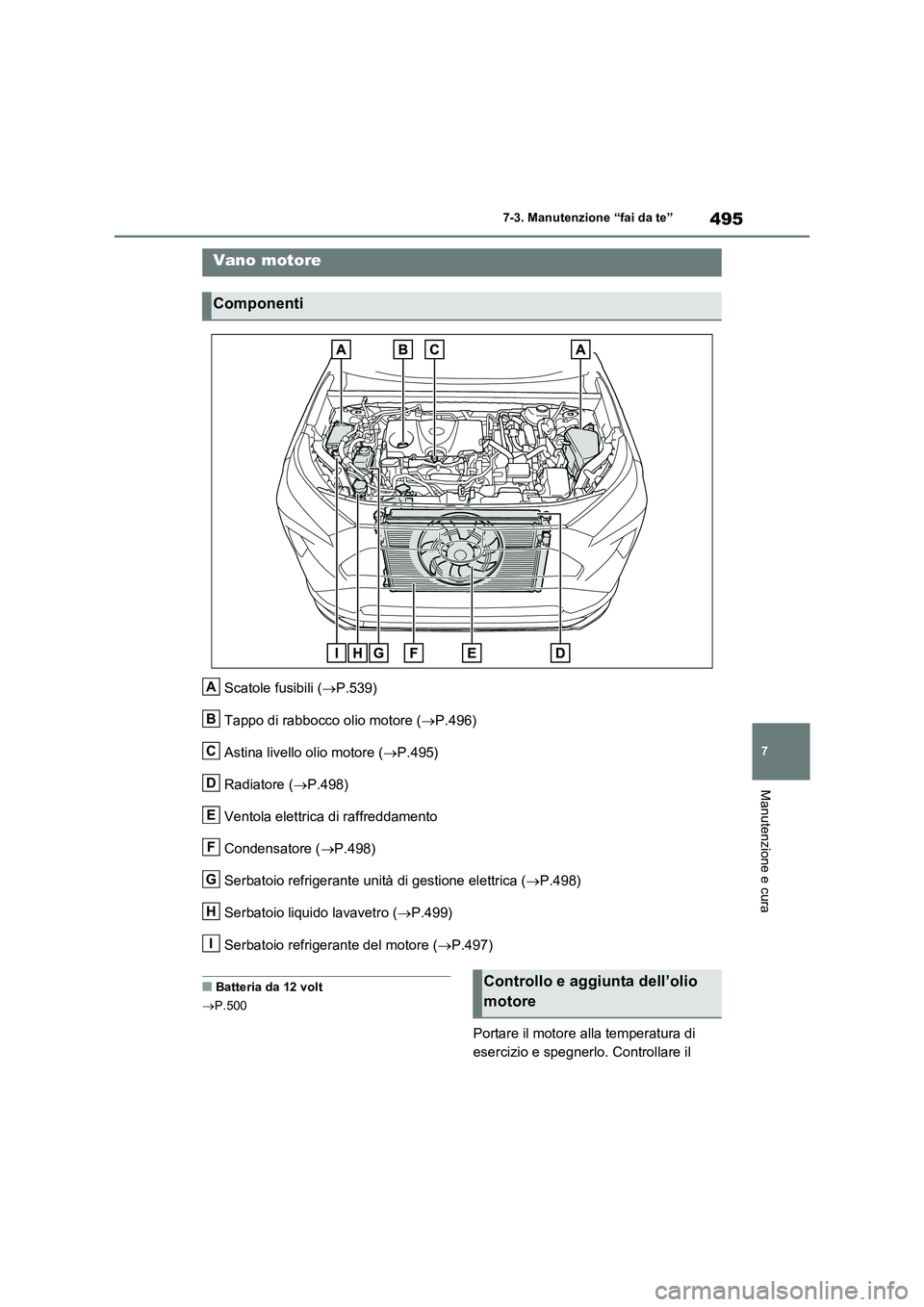 TOYOTA RAV4 PLUG-IN HYBRID 2021 Manuale duso (in Italian) 495
7 7-3. Manutenzione “fai da te”
Manutenzione e cura
Scatole fusibili (P.539)
Tappo di rabbocco olio motore (P.496)
Astina livello olio motore (P.495)
Radiatore (P.498)
Ventola elet TOYOTA RAV4 PLUG-IN HYBRID 2021 Manuale duso (in Italian) 495
7 7-3. Manutenzione “fai da te”
Manutenzione e cura
Scatole fusibili (P.539)
Tappo di rabbocco olio motore (P.496)
Astina livello olio motore (P.495)
Radiatore (P.498)
Ventola elet