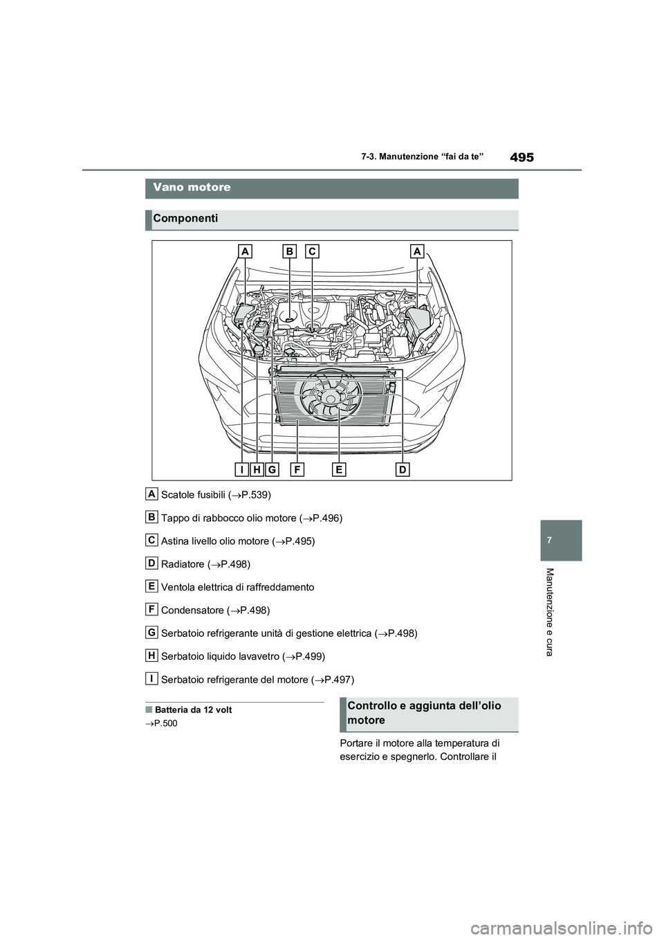 TOYOTA RAV4 PLUG-IN HYBRID 2021  Manuale duso (in Italian) 495
7 7-3. Manutenzione “fai da te”
Manutenzione e cura
Scatole fusibili (P.539)
Tappo di rabbocco olio motore (P.496)
Astina livello olio motore (P.495)
Radiatore (P.498)
Ventola elet