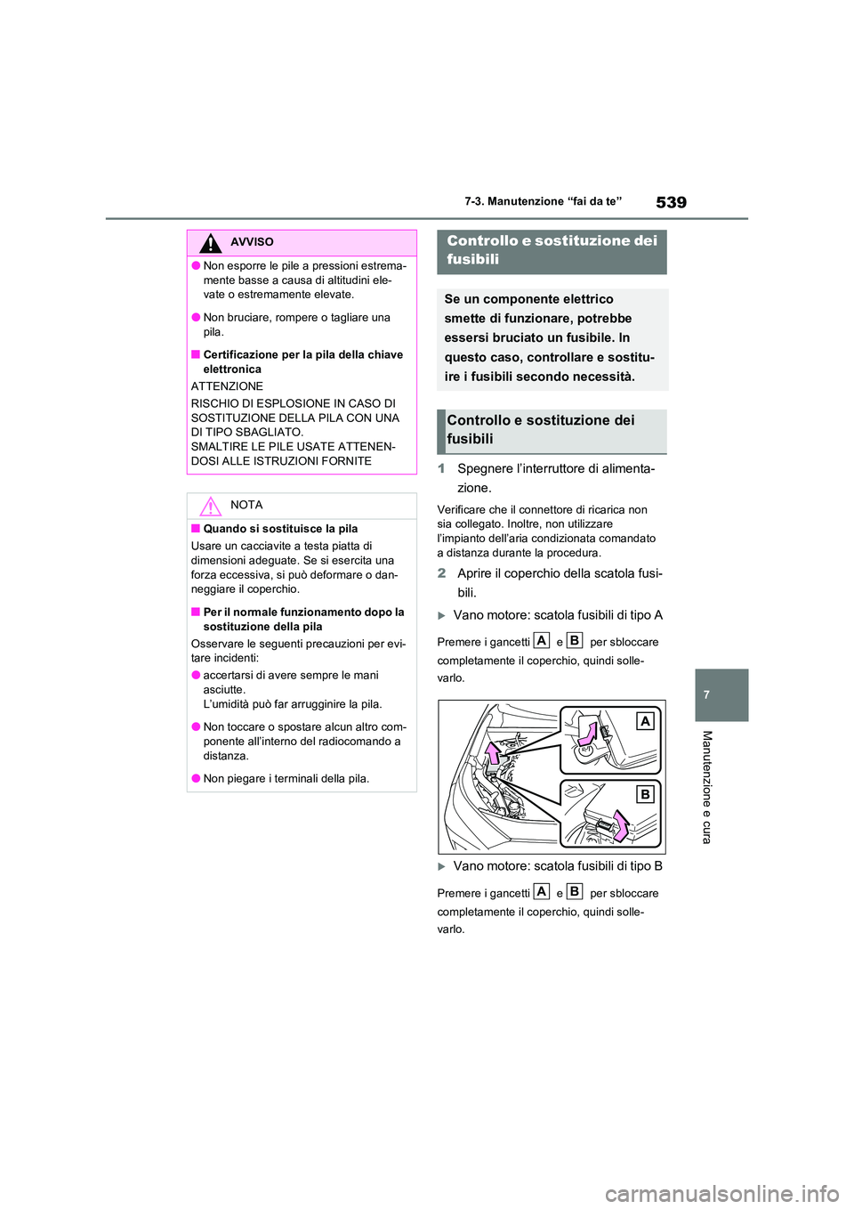 TOYOTA RAV4 PLUG-IN HYBRID 2021  Manuale duso (in Italian) 539
7 
7-3. Manutenzione “fai da te”
Manutenzione e cura
1 Spegnere l’interruttore di alimenta- 
zione.
Verificare che il connettore di ricarica non  sia collegato. Inoltre, non utilizzare l’i