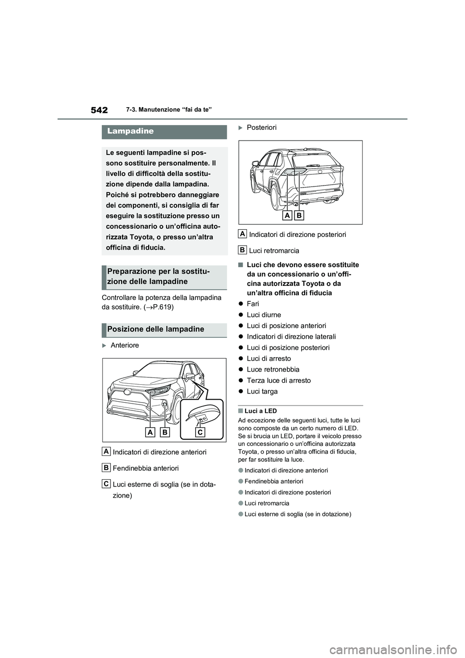 TOYOTA RAV4 PLUG-IN HYBRID 2021  Manuale duso (in Italian) 5427-3. Manutenzione “fai da te”
Controllare la potenza della lampadina  
da sostituire. ( P.619)
Anteriore 
Indicatori di direzione anteriori 
Fendinebbia anteriori
Luci esterne di soglia (