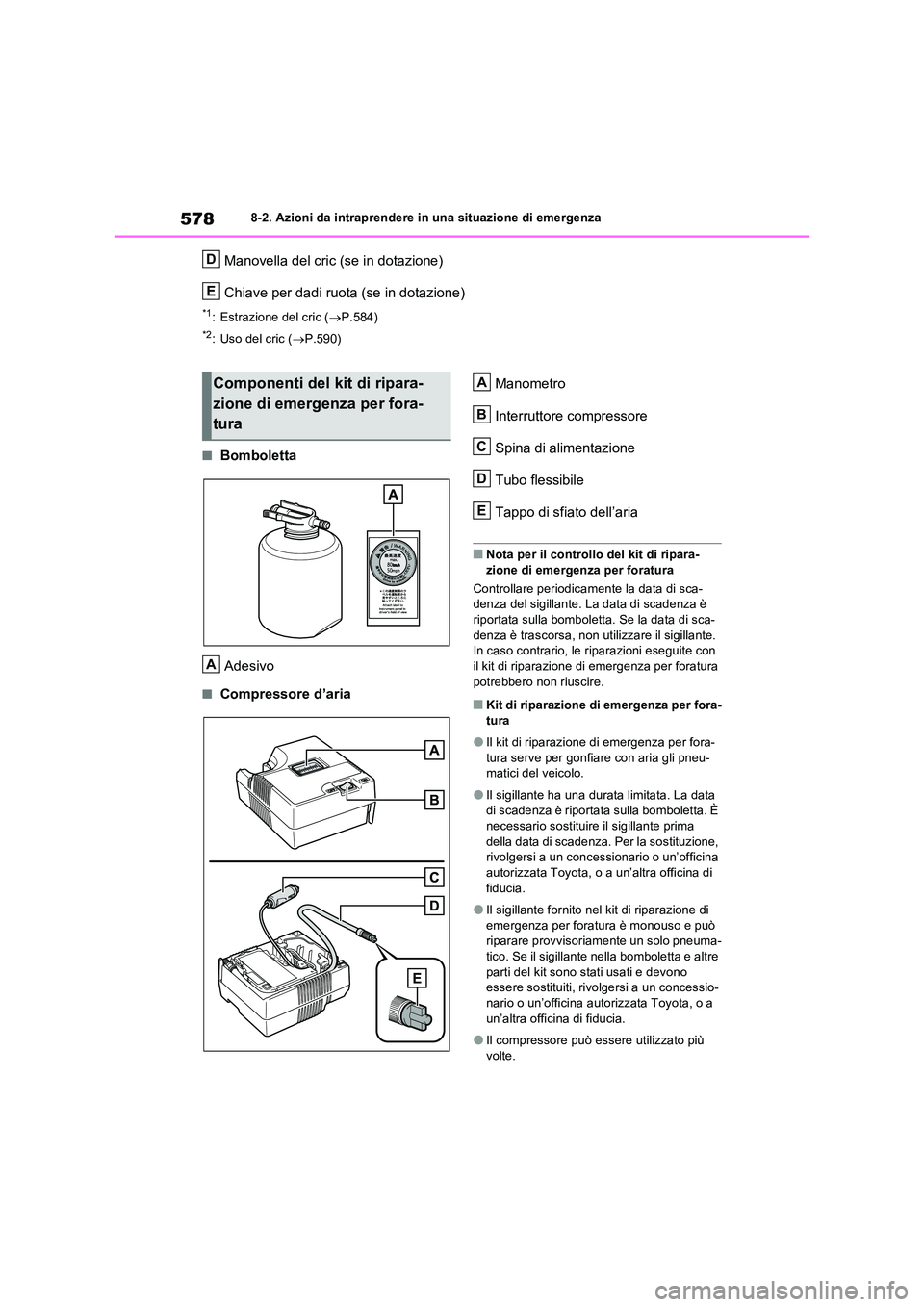 TOYOTA RAV4 PLUG-IN HYBRID 2021  Manuale duso (in Italian) 5788-2. Azioni da intraprendere in una situazione di emergenza
Manovella del cric (se in dotazione) 
Chiave per dadi ruota (se in dotazione)
*1: Estrazione del cric ( P.584)
*2: Uso del cric (P.
