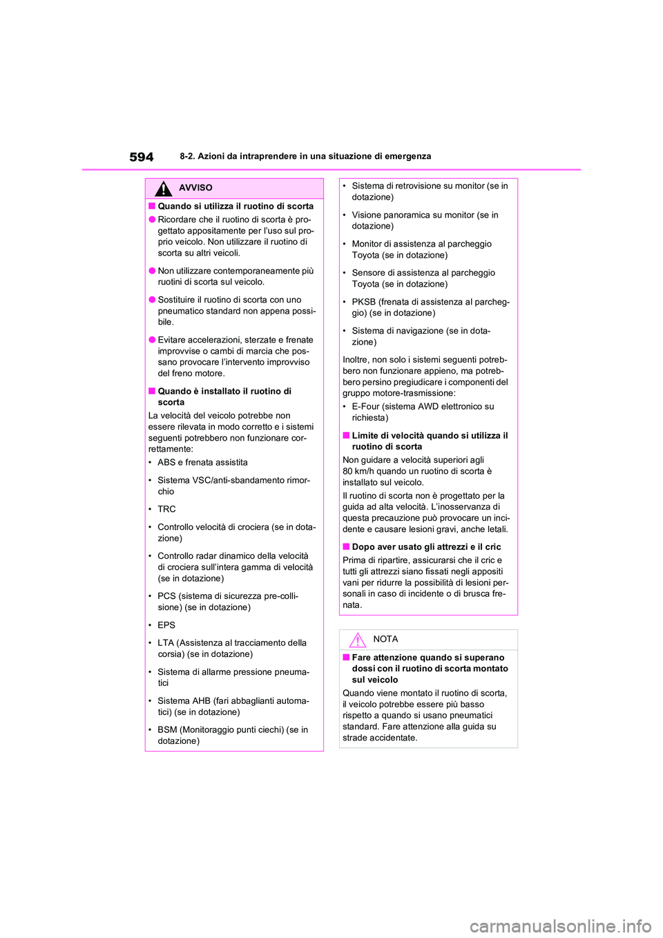 TOYOTA RAV4 PLUG-IN HYBRID 2021  Manuale duso (in Italian) 5948-2. Azioni da intraprendere in una situazione di emergenza
AVVISO
�QQuando si utilizza il ruotino di scorta
�ORicordare che il ruotino di scorta è pro- 
gettato appositamente per l’uso sul pro-