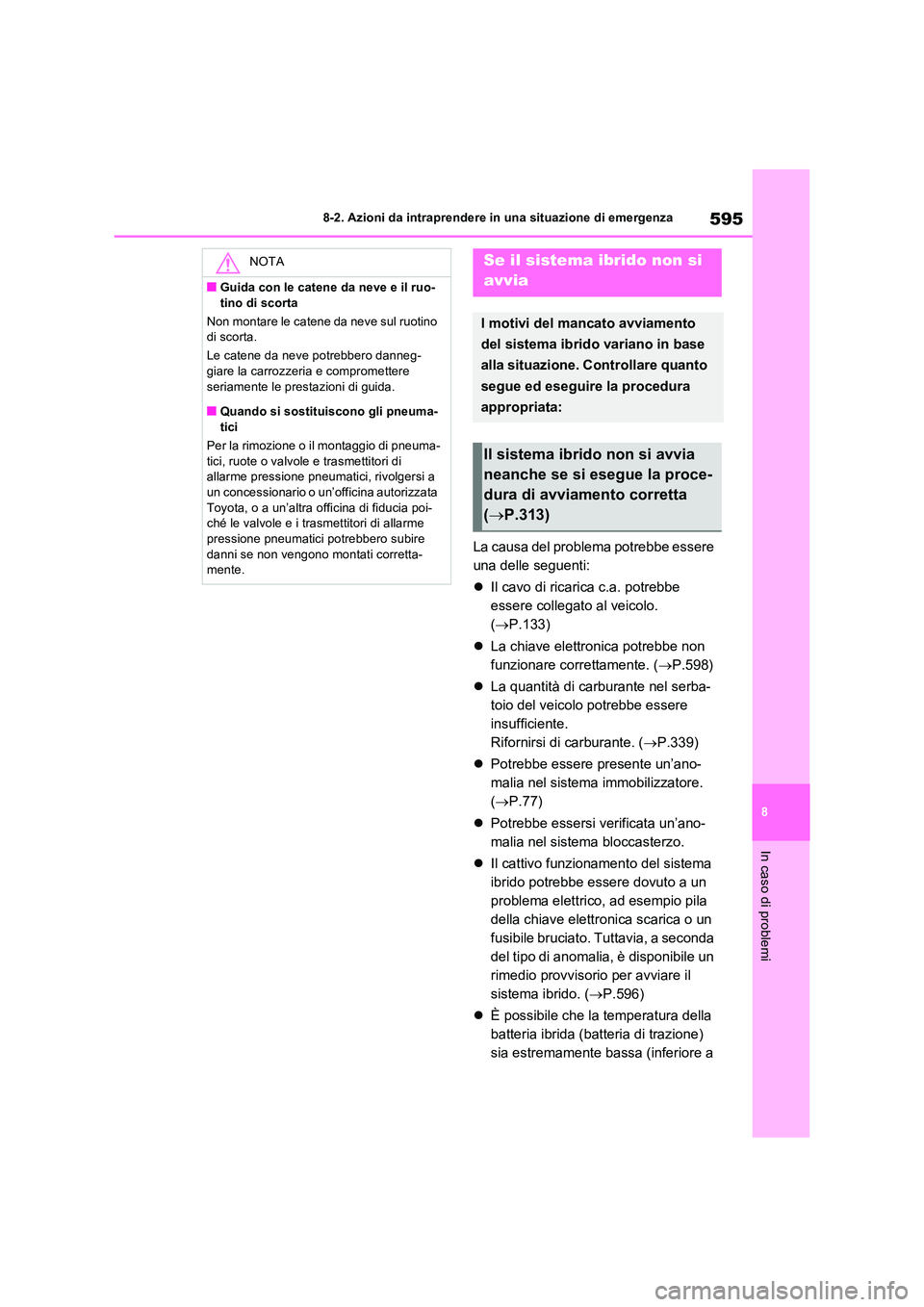 TOYOTA RAV4 PLUG-IN HYBRID 2021  Manuale duso (in Italian) 595
8 
8-2. Azioni da intraprendere in una situazione di emergenza
In caso di problemi
La causa del problema potrebbe essere  
una delle seguenti: 
 Il cavo di ricarica c.a. potrebbe  
essere colle