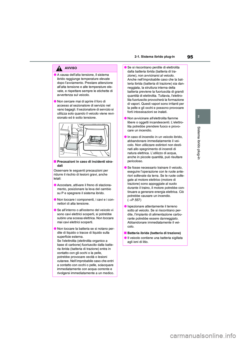 TOYOTA RAV4 PLUG-IN HYBRID 2021  Manuale duso (in Italian) 95
2 
2-1. Sistema ibrido plug-in
Sistema ibrido plug-in
AVVISO
�OA causa dell’alta tensione, il sistema  
ibrido raggiunge temperature elevate  dopo l’avviamento. Prestare attenzione all’alta t