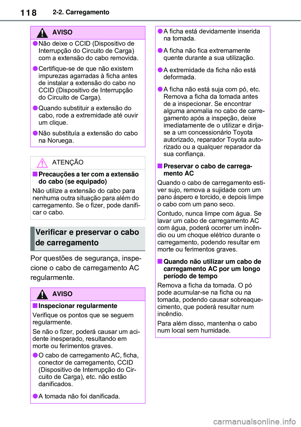 TOYOTA RAV4 PLUG-IN HYBRID 2021 Manual de utilização (in Portuguese) 1182-2. Carregamento
Por questões de segurança, inspe-
cione o cabo de carregamento AC
regularmente.
AVISO
Não deixe o CCID (Dispositivo de
Interrupção do Circuito de Carga)
com a extensão TOYOTA RAV4 PLUG-IN HYBRID 2021 Manual de utilização (in Portuguese) 1182-2. Carregamento
Por questões de segurança, inspe-
cione o cabo de carregamento AC
regularmente.
AVISO
Não deixe o CCID (Dispositivo de
Interrupção do Circuito de Carga)
com a extensão