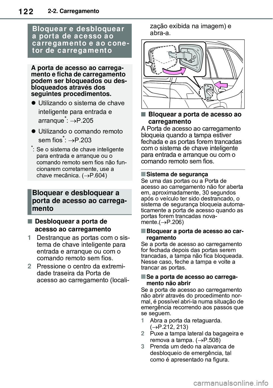TOYOTA RAV4 PLUG-IN HYBRID 2021 Manual de utilização (in Portuguese) 1222-2. Carregamento
Desbloquear a porta de
acesso ao carregamento
1Destranque as portas com o sis-
tema de chave inteligente para
entrada e arranque ou com o
comando remoto sem fios.
2Pressione TOYOTA RAV4 PLUG-IN HYBRID 2021 Manual de utilização (in Portuguese) 1222-2. Carregamento
Desbloquear a porta de
acesso ao carregamento
1Destranque as portas com o sis-
tema de chave inteligente para
entrada e arranque ou com o
comando remoto sem fios.
2Pressione
