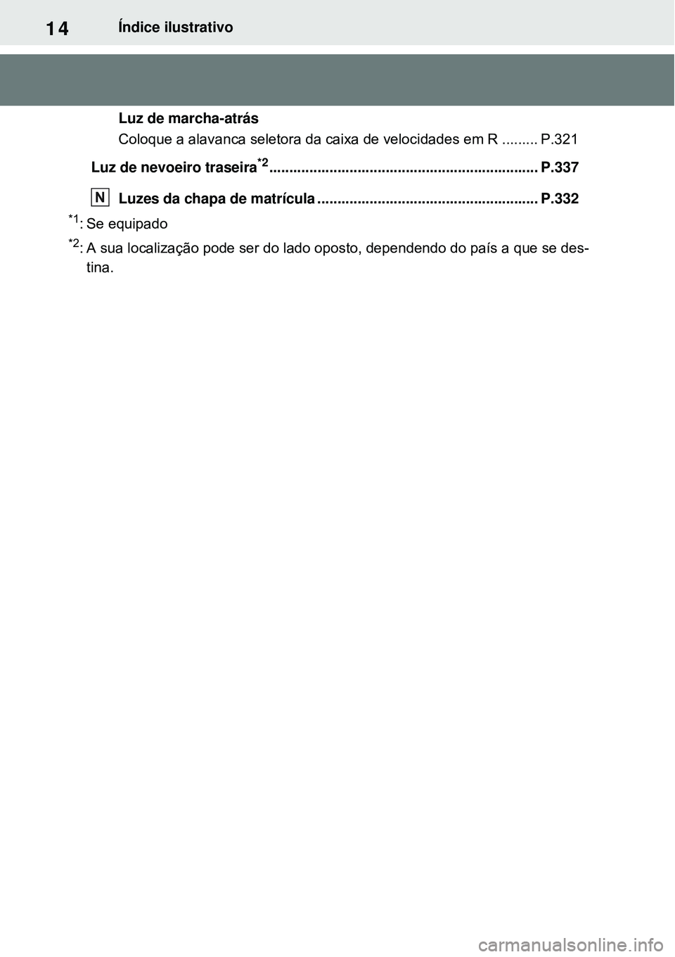 TOYOTA RAV4 PLUG-IN HYBRID 2021 Manual de utilização (in Portuguese) 14Índice ilustrativo
Luz de marcha-atrás
Coloque a alavanca seletora da caixa de velocidades em R ......... P.321
Luz de nevoeiro traseira
*2......................................................... TOYOTA RAV4 PLUG-IN HYBRID 2021 Manual de utilização (in Portuguese) 14Índice ilustrativo
Luz de marcha-atrás
Coloque a alavanca seletora da caixa de velocidades em R ......... P.321
Luz de nevoeiro traseira
*2.........................................................