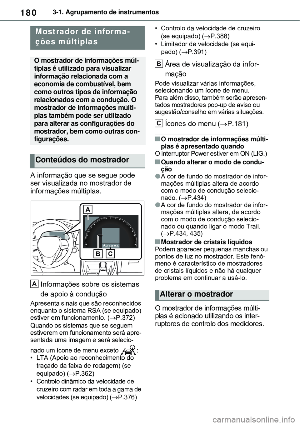 TOYOTA RAV4 PLUG-IN HYBRID 2021 Manual de utilização (in Portuguese) 1803-1. Agrupamento de instrumentos
A informação que se segue pode
ser visualizada no mostrador de
informações múltiplas.
Informações sobre os sistemas
de apoio à condução
Apresenta sinai TOYOTA RAV4 PLUG-IN HYBRID 2021 Manual de utilização (in Portuguese) 1803-1. Agrupamento de instrumentos
A informação que se segue pode
ser visualizada no mostrador de
informações múltiplas.
Informações sobre os sistemas
de apoio à condução
Apresenta sinai