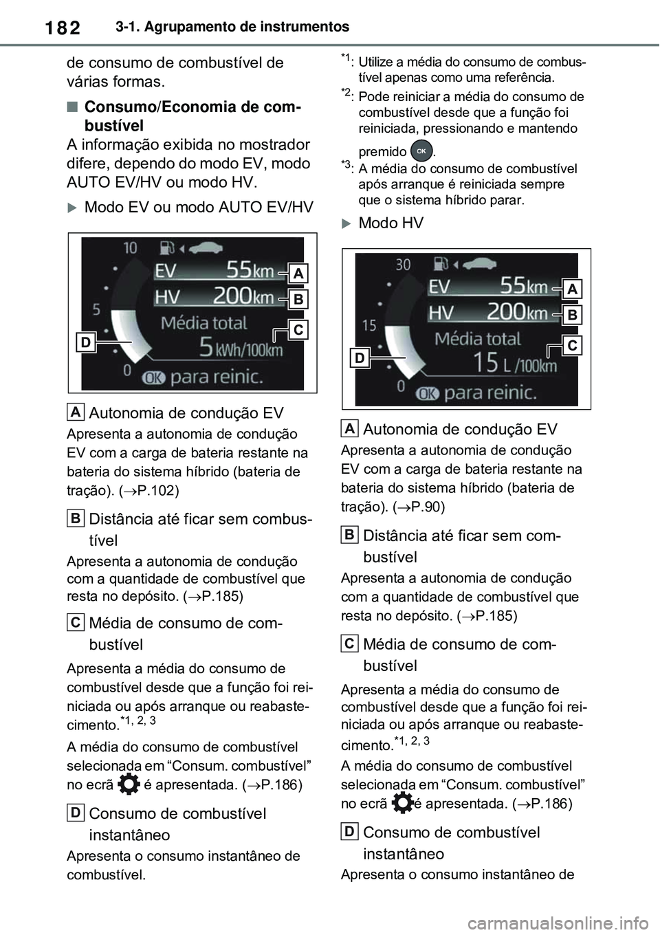 TOYOTA RAV4 PLUG-IN HYBRID 2021 Manual de utilização (in Portuguese) 1823-1. Agrupamento de instrumentos
de consumo de combustível de
várias formas.
Consumo/Economia de com-
bustível
A informação exibida no mostrador
difere, dependo do modo EV, modo
AUTO E TOYOTA RAV4 PLUG-IN HYBRID 2021 Manual de utilização (in Portuguese) 1823-1. Agrupamento de instrumentos
de consumo de combustível de
várias formas.
Consumo/Economia de com-
bustível
A informação exibida no mostrador
difere, dependo do modo EV, modo
AUTO E