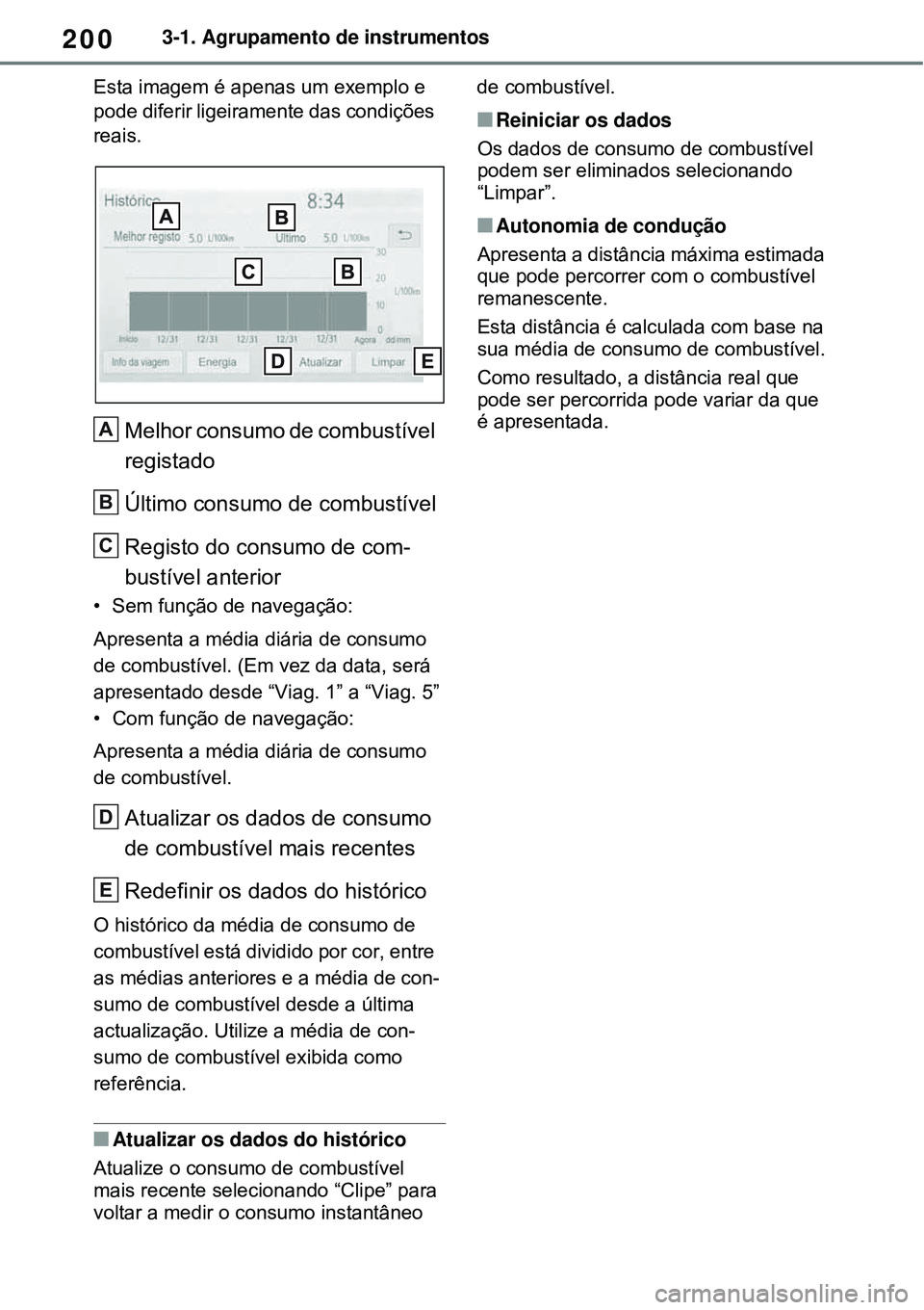 TOYOTA RAV4 PLUG-IN HYBRID 2021 Manual de utilização (in Portuguese) 2003-1. Agrupamento de instrumentos
Esta imagem é apenas um exemplo e
pode diferir ligeiramente das condições
reais.
Melhor consumo de combustível
registado
Último consumo de combustível
Reg TOYOTA RAV4 PLUG-IN HYBRID 2021 Manual de utilização (in Portuguese) 2003-1. Agrupamento de instrumentos
Esta imagem é apenas um exemplo e
pode diferir ligeiramente das condições
reais.
Melhor consumo de combustível
registado
Último consumo de combustível
Reg