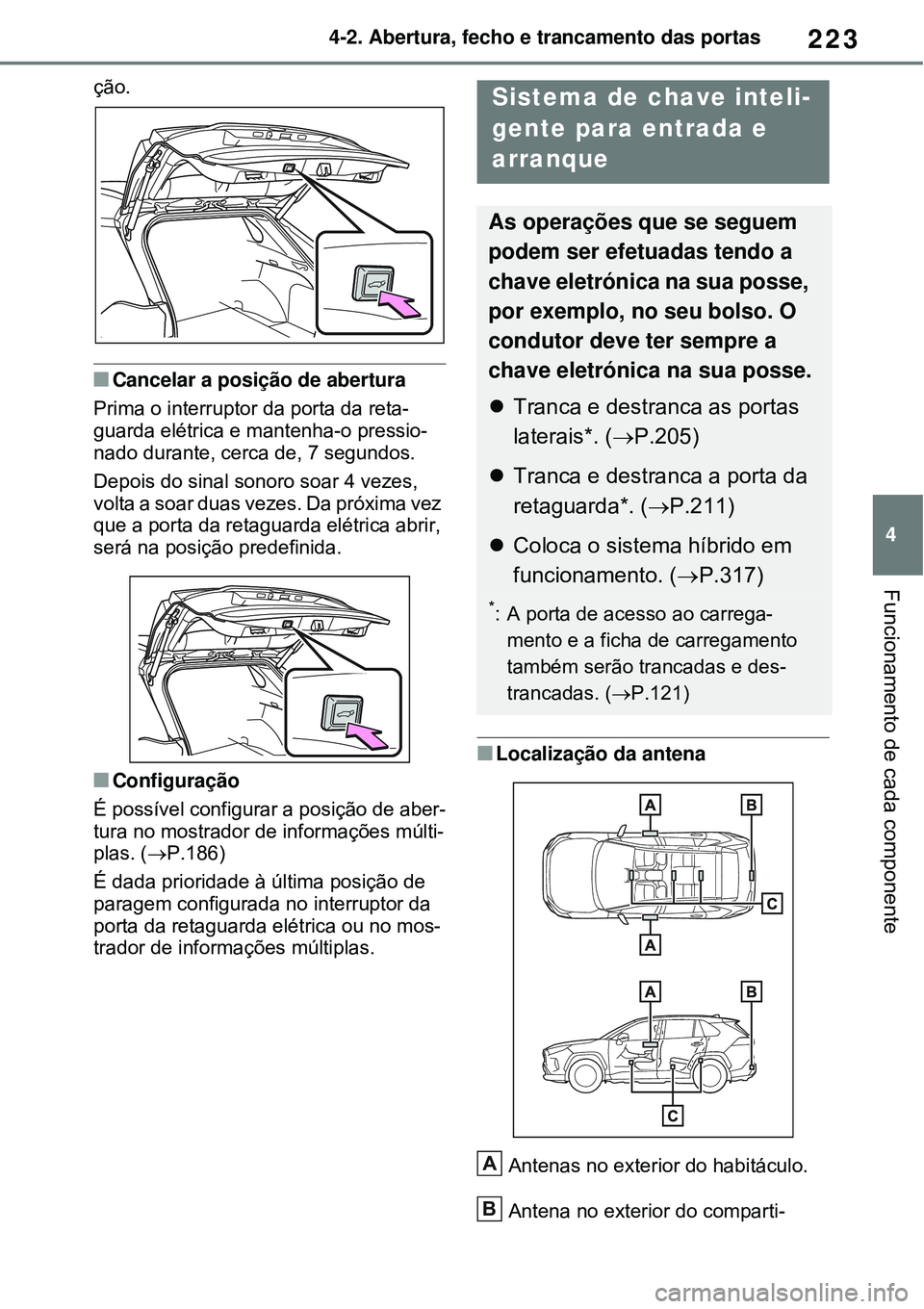 TOYOTA RAV4 PLUG-IN HYBRID 2021  Manual de utilização (in Portuguese) 223
4 4-2. Abertura, fecho e trancamento das portas
Funcionamento de cada componente
ção.
Cancelar a posição de abertura 
Prima o interruptor da porta da reta-
guarda elétrica e mantenha-o pre