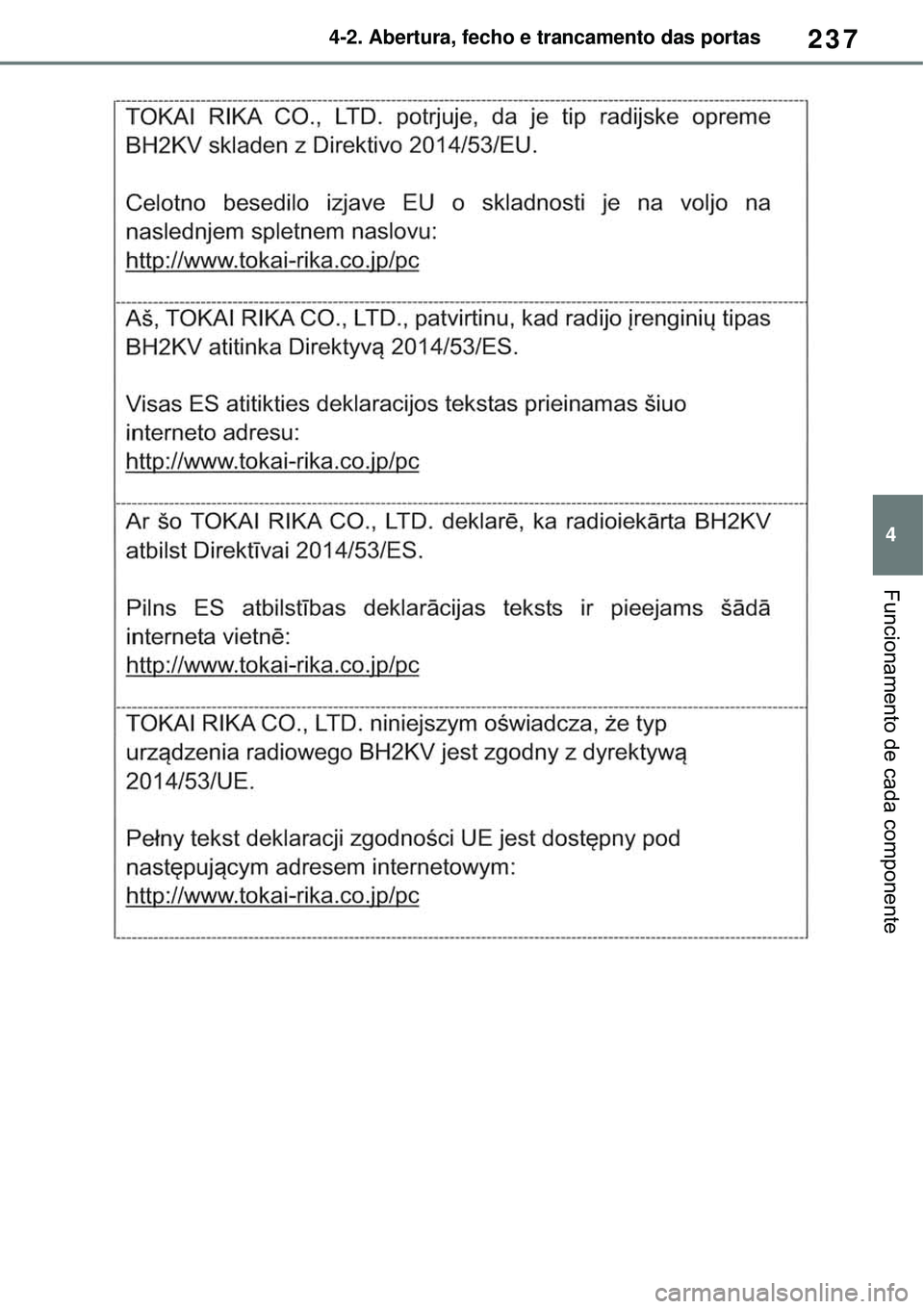 TOYOTA RAV4 PLUG-IN HYBRID 2021 Manual de utilização (in Portuguese) 237
4 4-2. Abertura, fecho e trancamento das portas
Funcionamento de cada componente TOYOTA RAV4 PLUG-IN HYBRID 2021 Manual de utilização (in Portuguese) 237
4 4-2. Abertura, fecho e trancamento das portas
Funcionamento de cada componente