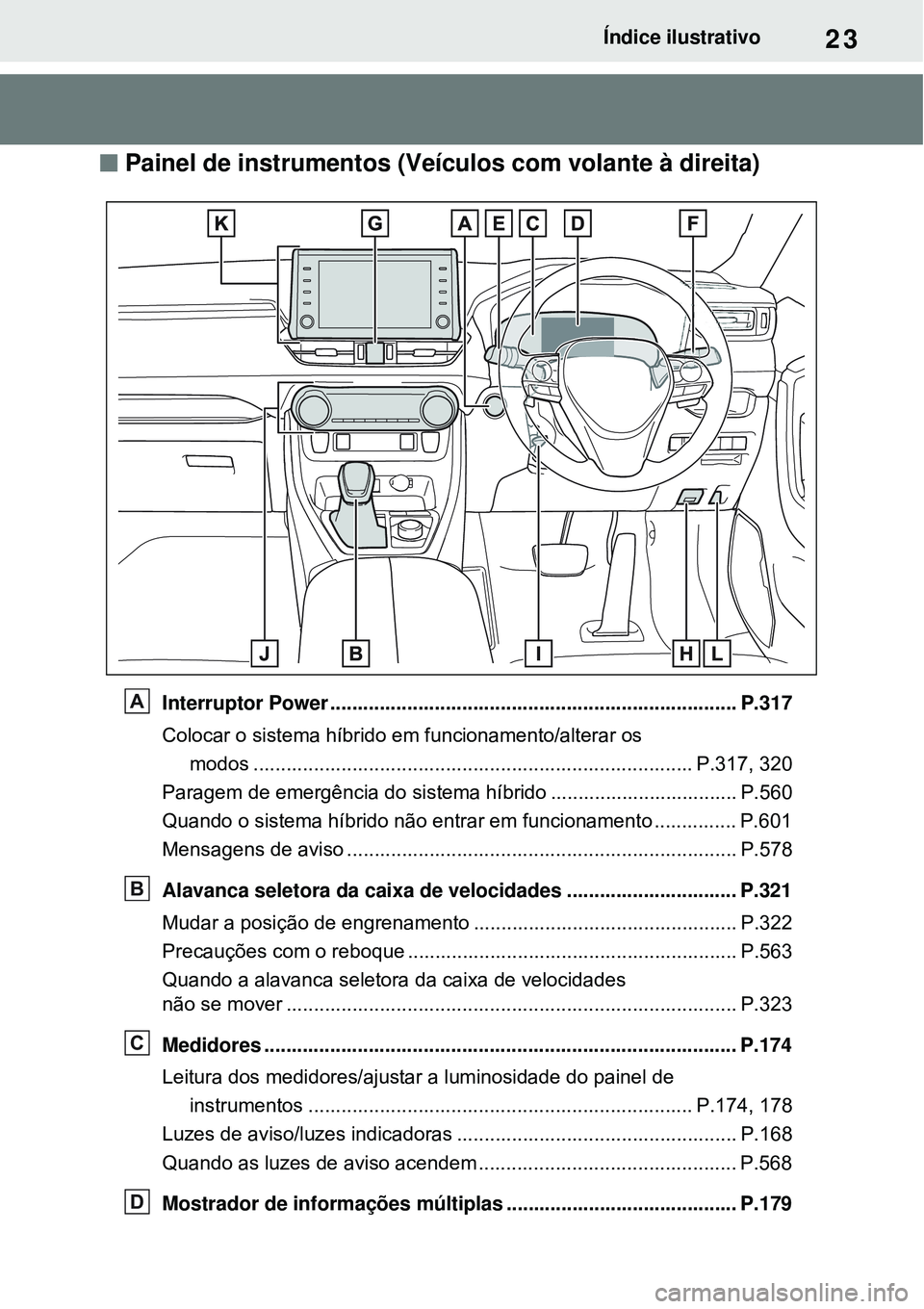 TOYOTA RAV4 PLUG-IN HYBRID 2021 Manual de utilização (in Portuguese) 23Índice ilustrativo
Painel de instrumentos (Veículos com volante à direita)
Interruptor Power .......................................................................... P.317
Colocar o sistema TOYOTA RAV4 PLUG-IN HYBRID 2021 Manual de utilização (in Portuguese) 23Índice ilustrativo
Painel de instrumentos (Veículos com volante à direita)
Interruptor Power .......................................................................... P.317
Colocar o sistema
