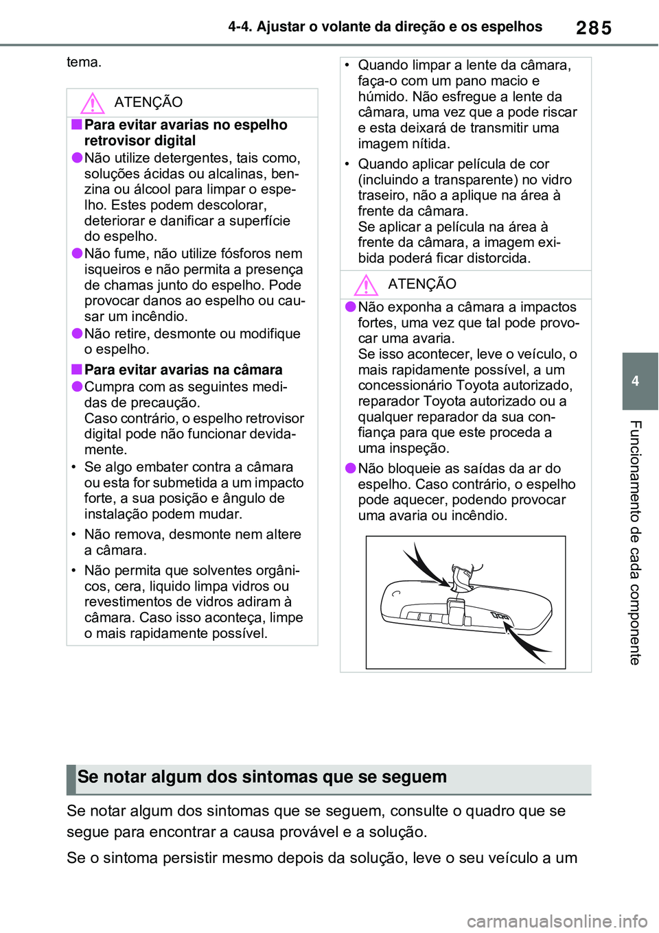 TOYOTA RAV4 PLUG-IN HYBRID 2021 Manual de utilização (in Portuguese) 285
4 4-4. Ajustar o volante da direção e os espelhos
Funcionamento de cada componente
tema.
Se notar algum dos sintomas que se seguem, consulte o quadro que se
segue para encontrar a causa prová TOYOTA RAV4 PLUG-IN HYBRID 2021 Manual de utilização (in Portuguese) 285
4 4-4. Ajustar o volante da direção e os espelhos
Funcionamento de cada componente
tema.
Se notar algum dos sintomas que se seguem, consulte o quadro que se
segue para encontrar a causa prová