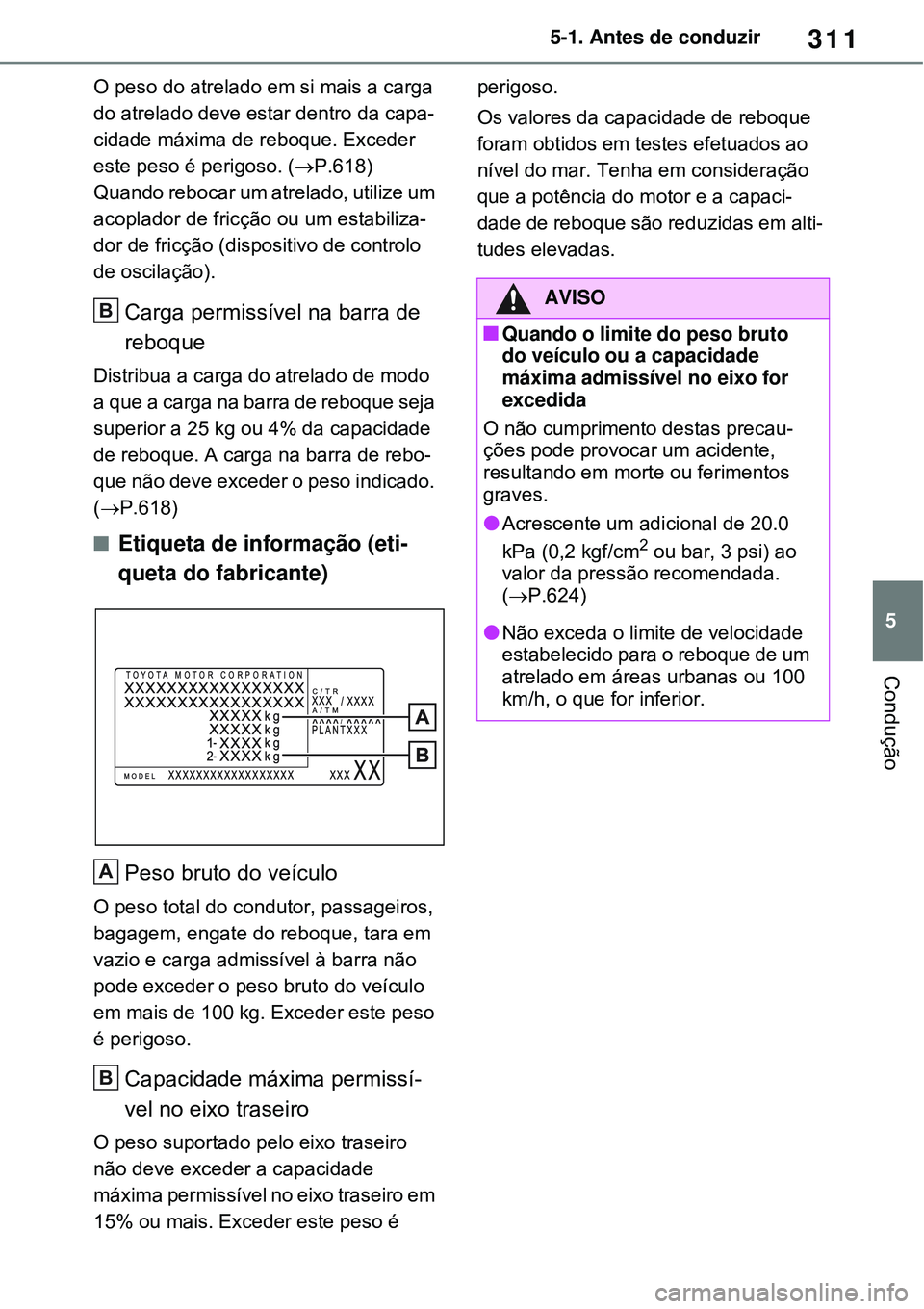 TOYOTA RAV4 PLUG-IN HYBRID 2021 Manual de utilização (in Portuguese) 311
5 5-1. Antes de conduzir
Condução
O peso do atrelado em si mais a carga
do atrelado deve estar dentro da capa-
cidade máxima de reboque. Exceder
este peso é perigoso. (P.618)
Quando reboc TOYOTA RAV4 PLUG-IN HYBRID 2021 Manual de utilização (in Portuguese) 311
5 5-1. Antes de conduzir
Condução
O peso do atrelado em si mais a carga
do atrelado deve estar dentro da capa-
cidade máxima de reboque. Exceder
este peso é perigoso. (P.618)
Quando reboc