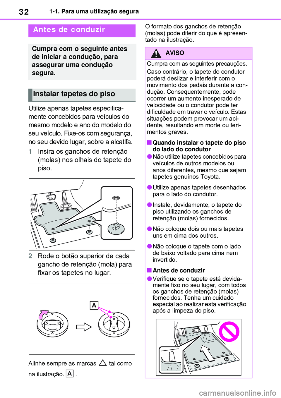 TOYOTA RAV4 PLUG-IN HYBRID 2021  Manual de utilização (in Portuguese) 321-1. Para uma utilização segura
1-1.Para uma utilização segura
Utilize apenas tapetes especifica-
mente concebidos para veículos do 
mesmo modelo e ano do modelo do 
seu veículo. Fixe-os com s