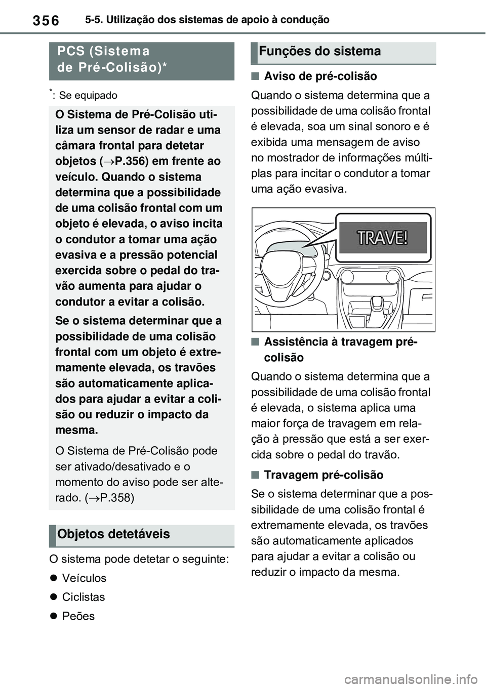 TOYOTA RAV4 PLUG-IN HYBRID 2021 Manual de utilização (in Portuguese) 3565-5. Utilização dos sistemas de apoio à condução
*: Se equipado
O sistema pode detetar o seguinte:
Veículos
Ciclistas
Peões
Aviso de pré-colisão
Quando o sistema determina que TOYOTA RAV4 PLUG-IN HYBRID 2021 Manual de utilização (in Portuguese) 3565-5. Utilização dos sistemas de apoio à condução
*: Se equipado
O sistema pode detetar o seguinte:
Veículos
Ciclistas
Peões
Aviso de pré-colisão
Quando o sistema determina que