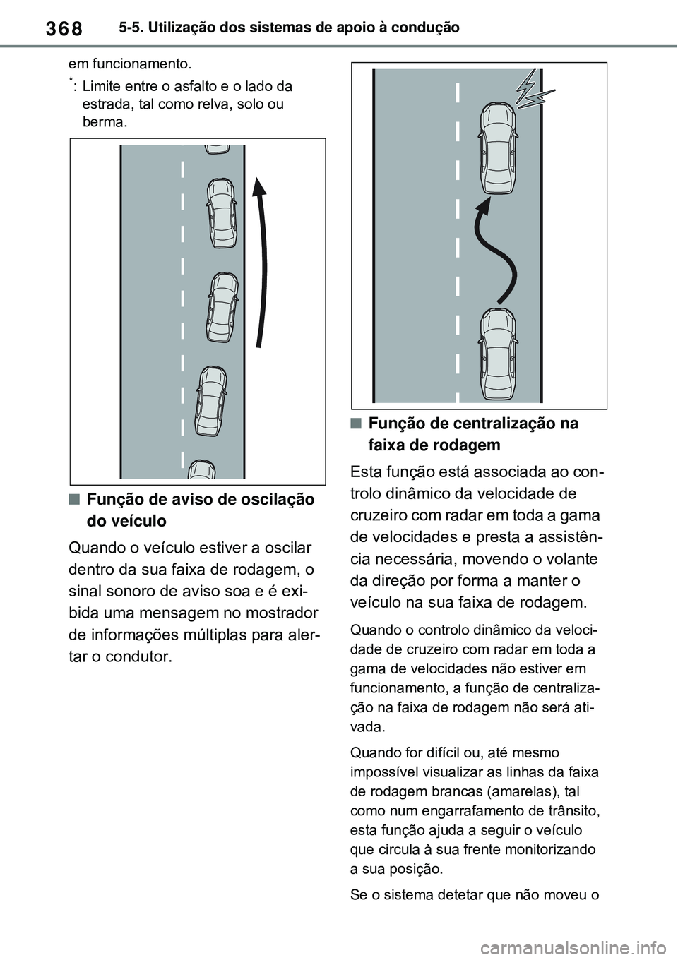 TOYOTA RAV4 PLUG-IN HYBRID 2021 Manual de utilização (in Portuguese) 3685-5. Utilização dos sistemas de apoio à condução
em funcionamento.
*: Limite entre o asfalto e o lado da
estrada, tal como relva, solo ou
berma.
Função de aviso de oscilação
do veíc TOYOTA RAV4 PLUG-IN HYBRID 2021 Manual de utilização (in Portuguese) 3685-5. Utilização dos sistemas de apoio à condução
em funcionamento.
*: Limite entre o asfalto e o lado da
estrada, tal como relva, solo ou
berma.
Função de aviso de oscilação
do veíc