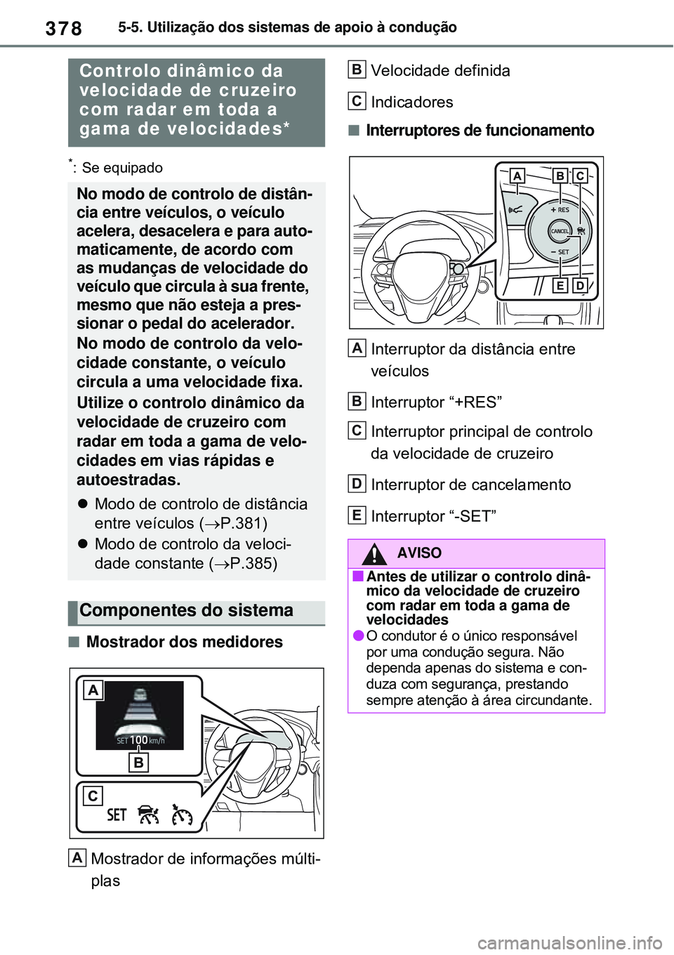 TOYOTA RAV4 PLUG-IN HYBRID 2021 Manual de utilização (in Portuguese) 3785-5. Utilização dos sistemas de apoio à condução
*: Se equipado
Mostrador dos medidores
Mostrador de informações múlti-
plasVelocidade definida
Indicadores
Interruptores de funcioname TOYOTA RAV4 PLUG-IN HYBRID 2021 Manual de utilização (in Portuguese) 3785-5. Utilização dos sistemas de apoio à condução
*: Se equipado
Mostrador dos medidores
Mostrador de informações múlti-
plasVelocidade definida
Indicadores
Interruptores de funcioname